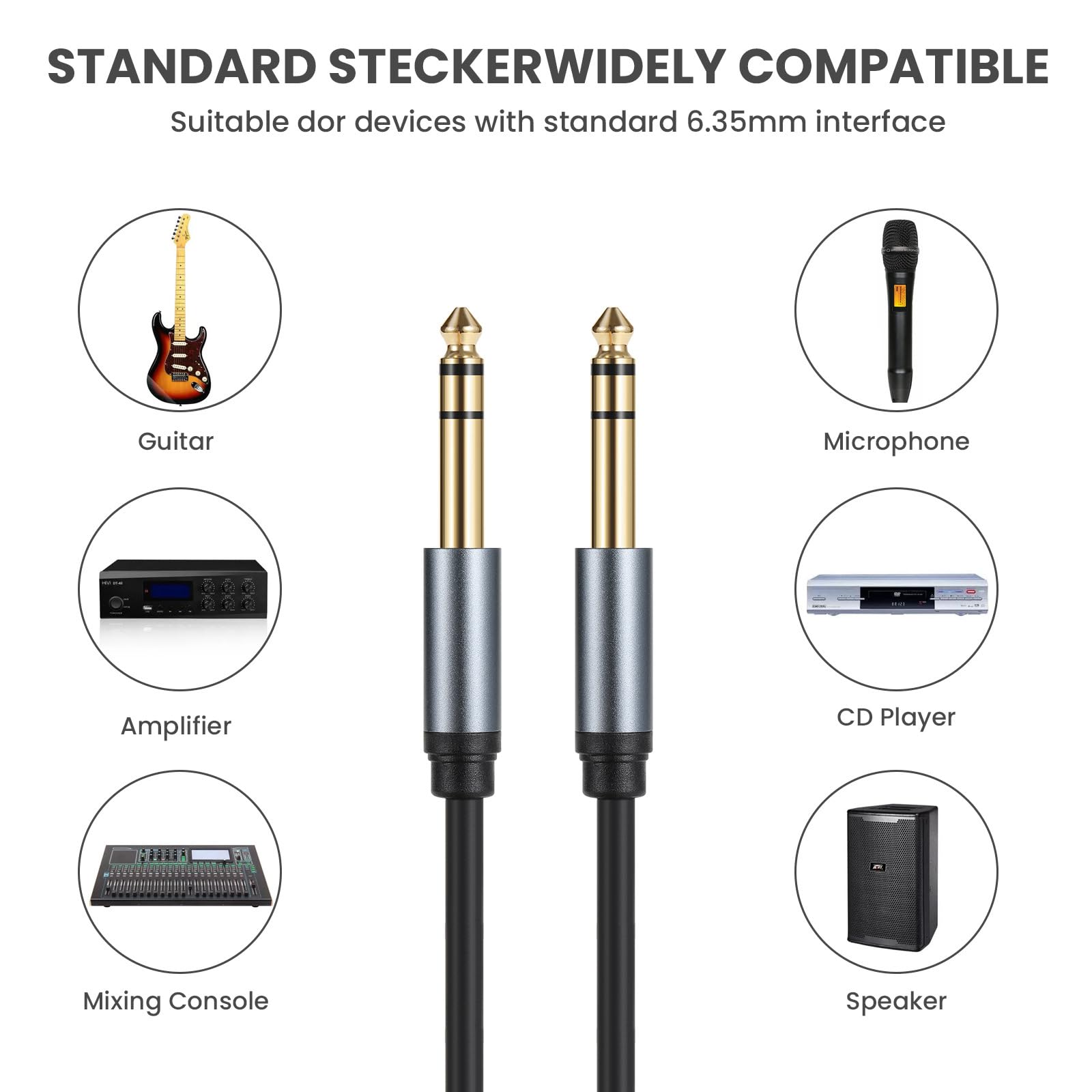 Halokny 6.35mm to 6.35mm Instrument Cable, Golden Plated 1/4 Inch Male to Male TRS Stereo Audio Jack for Electric Guitar, Bass, Amplifier, Speaker, Mixer 6FT/1.8M (Male to Male TRS 6Ft)