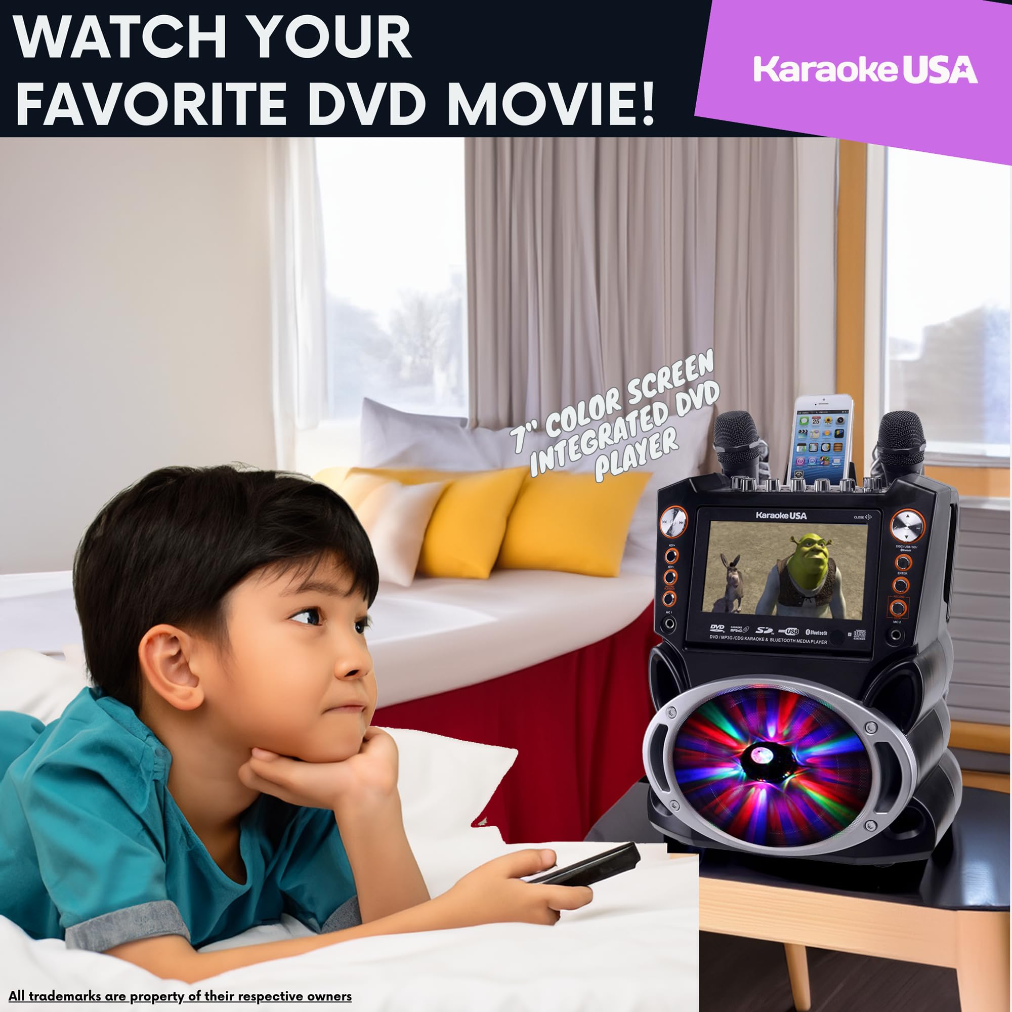 Karaoke Machine with Lyrics Display 7″ Screen. CD+G, DVD, MP3+G, MP3, CD & USB. Wireless Bluetooth Speaker with LED Disco Lights. Includes 2 Wired Microphones and 2 Bonus Karaoke Discs By Karaoke USA