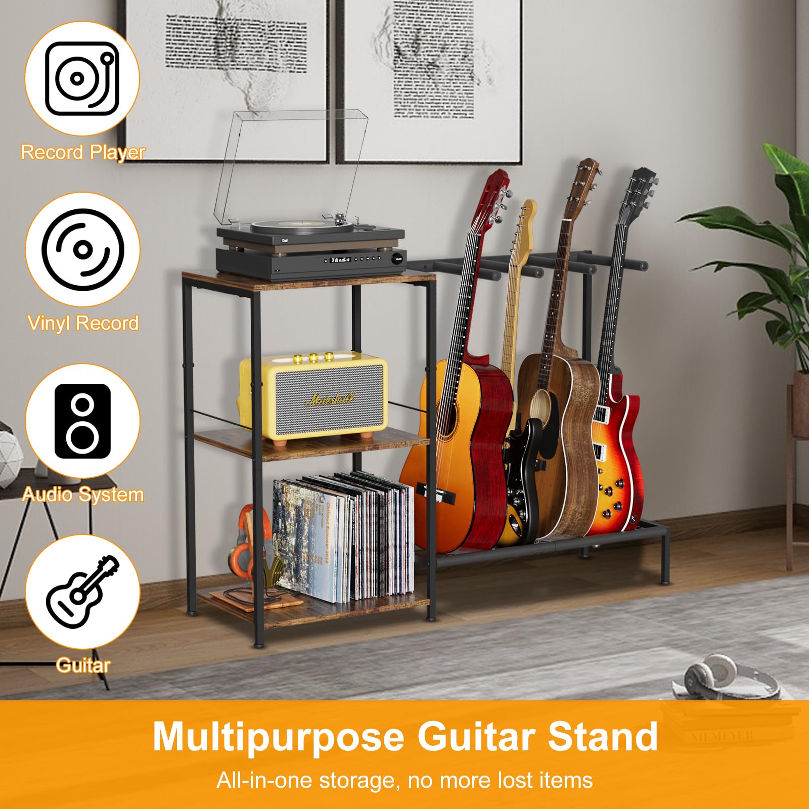 NEYCIL Guitar Stand for 4 Guitars, Adjustable Multiple Guitars Rack with Soft-Padded Protector for Acoustic, Electric, Bass & Ukulele, Guitar Display Stand with 3-tier Shelves for Amp & Vinyl Records