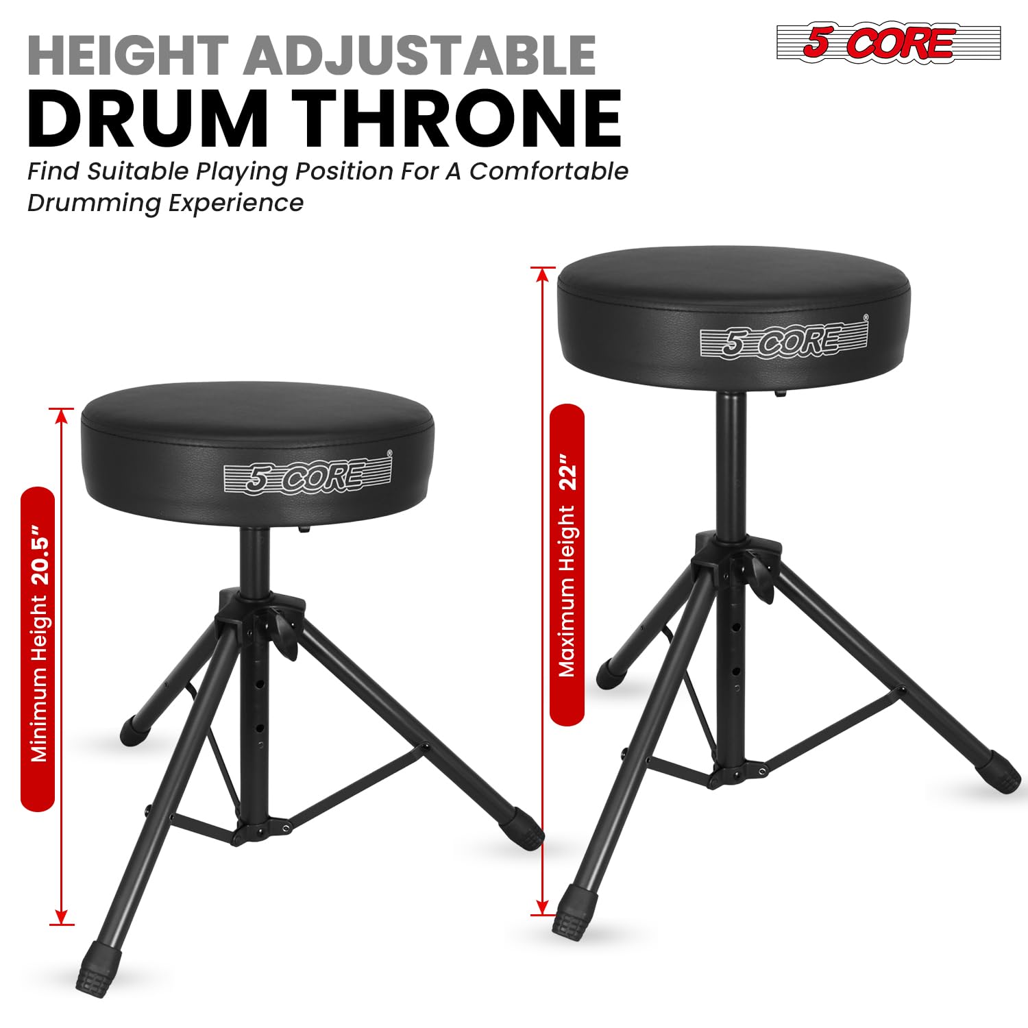 5 CORE Drum Throne Thick 3 Inch Padded Drum Seat Height Adjustable Drumming Stools with Anti-Slip Feet Musician Chair for Adults and Kids Drummers White – DS 01 WH