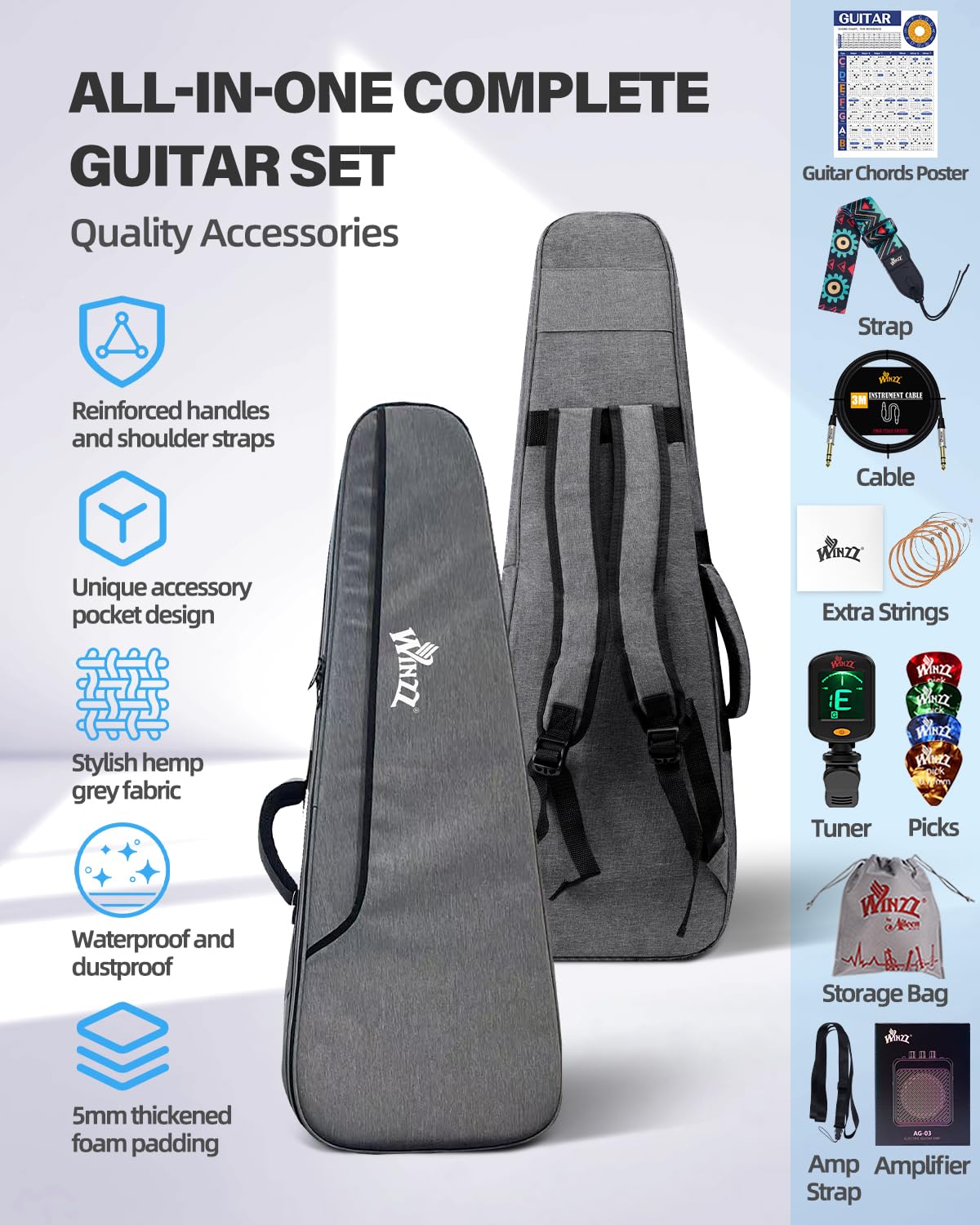 Winzz 30 Inch Kids Electric Guitar Beginner Kit, Junior 1/4 Size Mini Electric Guitar for Children Complete Stater Set with Amp, Gloosy Black Colour