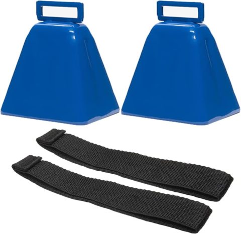 Bevin Bells Long Distance Cow Bells 10LD (Blue & Blue) | Christmas Bells | Made from Steel | Loud Noise Makers | w/White Strap Around The Handle | Easier to Hold | Made in CT, USA