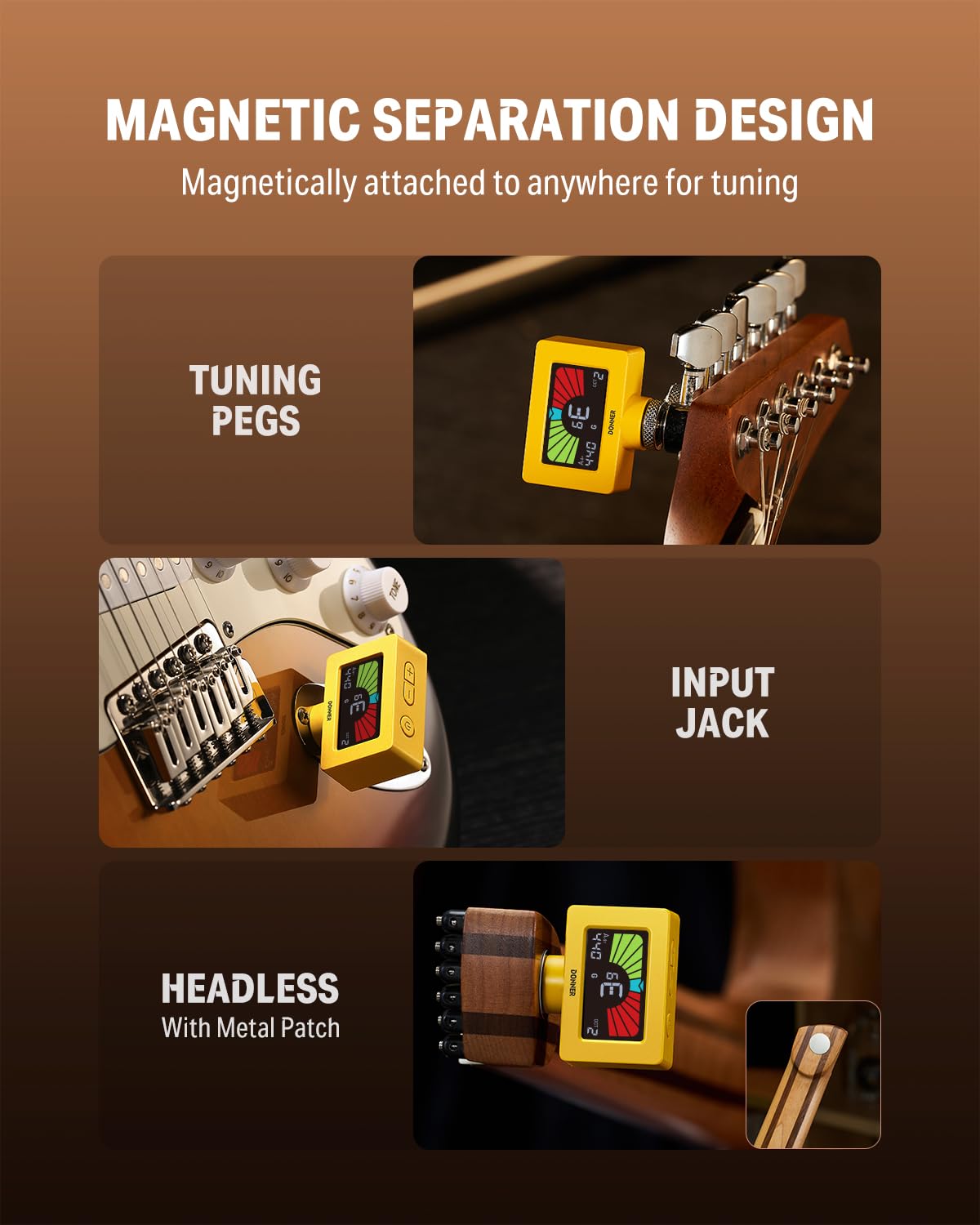 Donner Guitar Tuner Clip on Magnetic Tuner DT-10, Yellow