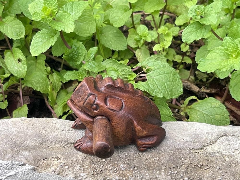 2.75 Inch Dark Brown Wooden Frog Guiro Percussion Instrument with Scraper Stick, Hand Carved Wood Frog Noise Maker for Music Education, Classroom, Meditation.