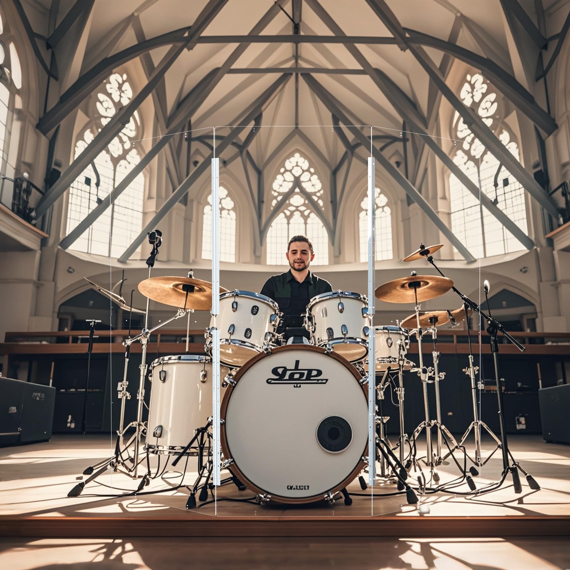 Portable Drum Shield | 3 Panels 2ft x 5ft | Factory-Installed Full-Length Stainless Steel Hinges | Acrylic Drum Sound Barrier | Cage for Church (3 Panels)
