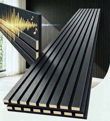 Higrelife Acoustic Wood Slat Wall Panels 94.5×12.6in 2-Pack Matte Black