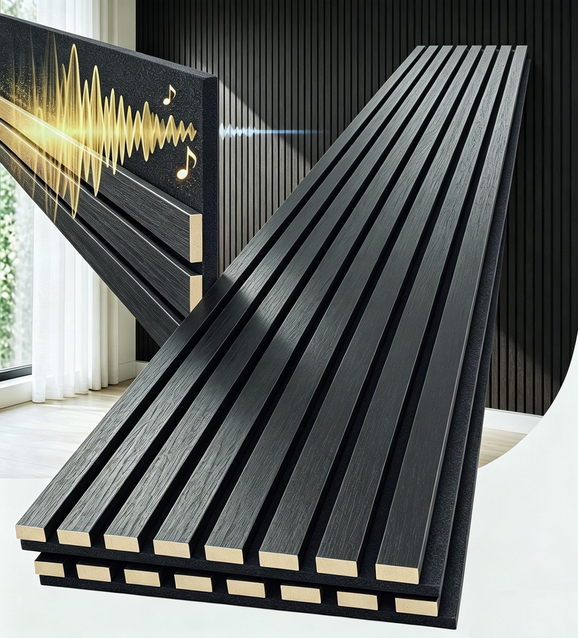Higrelife Acoustic Wood Slat Wall Panels 94.5×12.6in 2-Pack Matte Black