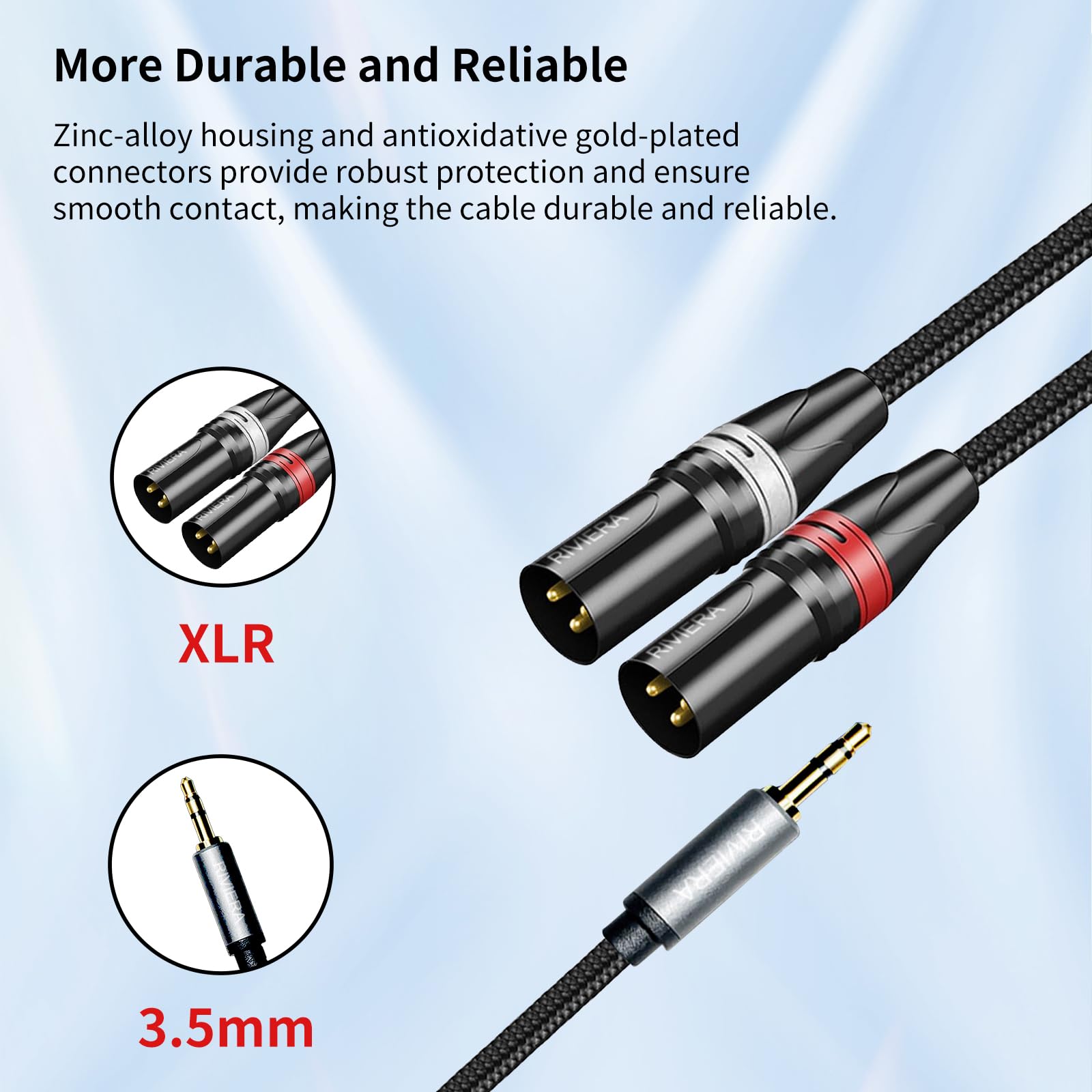 RIVIERA 10FT/3.0M Audio Cable 1/8 Inch 3.5mm Stereo TRS to Dual XLR Male Y-Splitter Adaptor Interconnect Patch Cord with Nylon Braid Aux Jacket and Sheild Wire Low Noise for Muscial Instrument