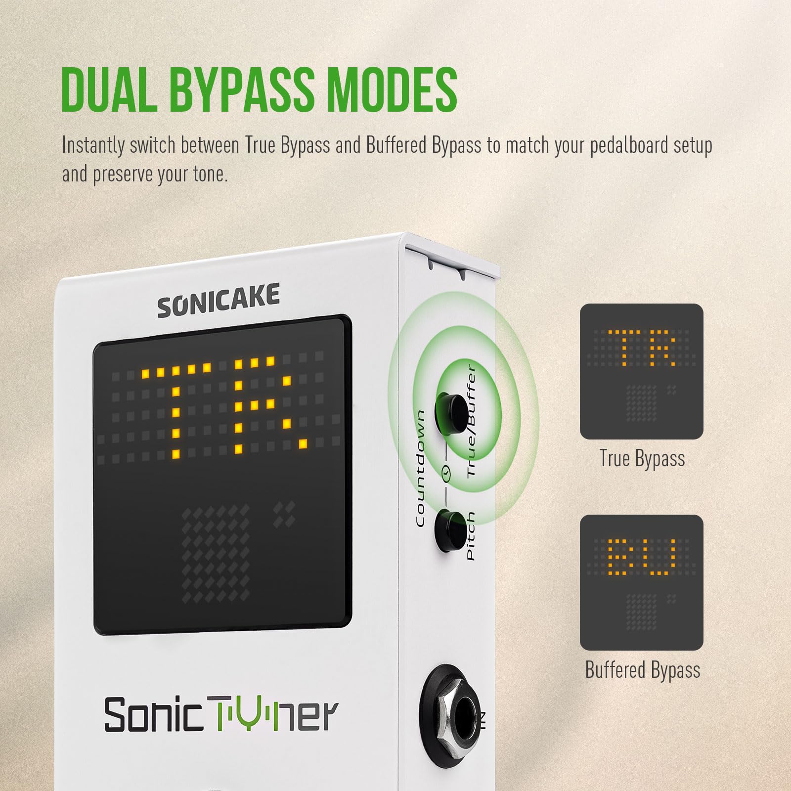 SONICAKE Tuner Pedal with Boost, Pitch Indicator, Dual Bypass – Sonic Tuner