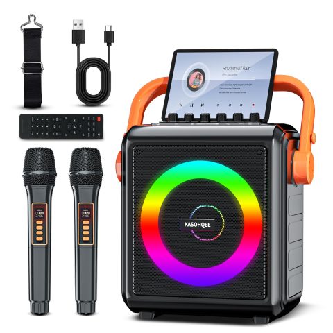 Karaoke Machine with 2 Wireless Microphones for Adults & Kids, 8000mAh Portable Bluetooth Speaker PA System with Lights, Supports AUX in/TF Card/FM/REC, Microphone Speaker Set for Home Party, Outdoor