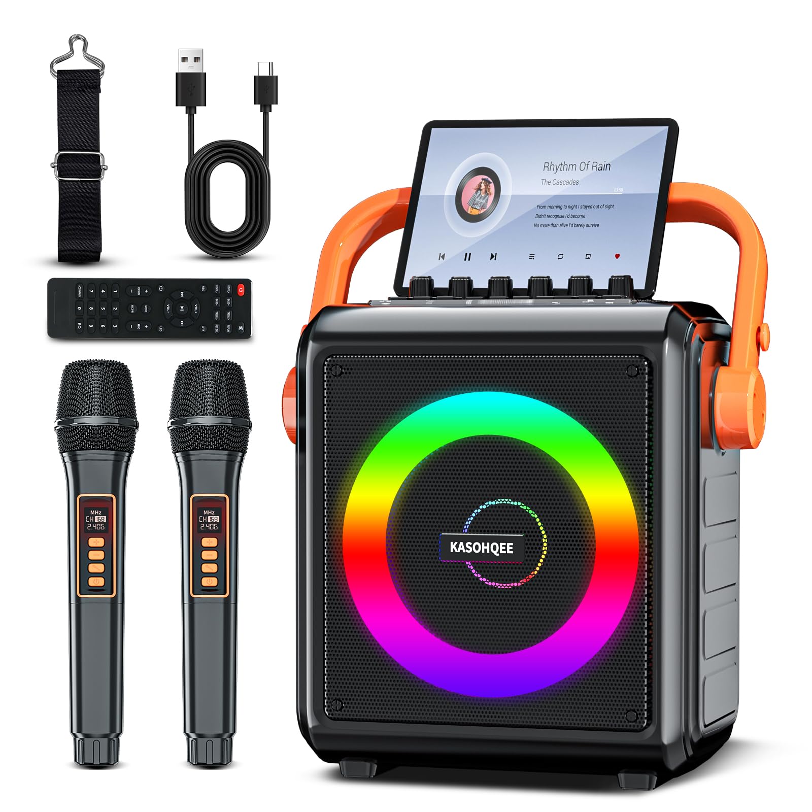 Karaoke Machine with 2 Wireless Microphones for Adults & Kids, 8000mAh Portable Bluetooth Speaker PA System with Lights, Supports AUX in/TF Card/FM/REC, Microphone Speaker Set for Home Party, Outdoor