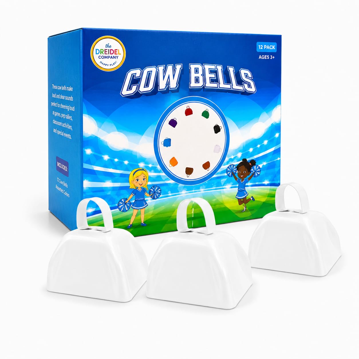 The Dreidel Company White Metal Cowbell Noisemaker Cheering Bell, New Years, School Classroom, Wedding Bells & Chimes Percussion Musical Instruments Call Bell Alarm, 3″ (6-Pack)