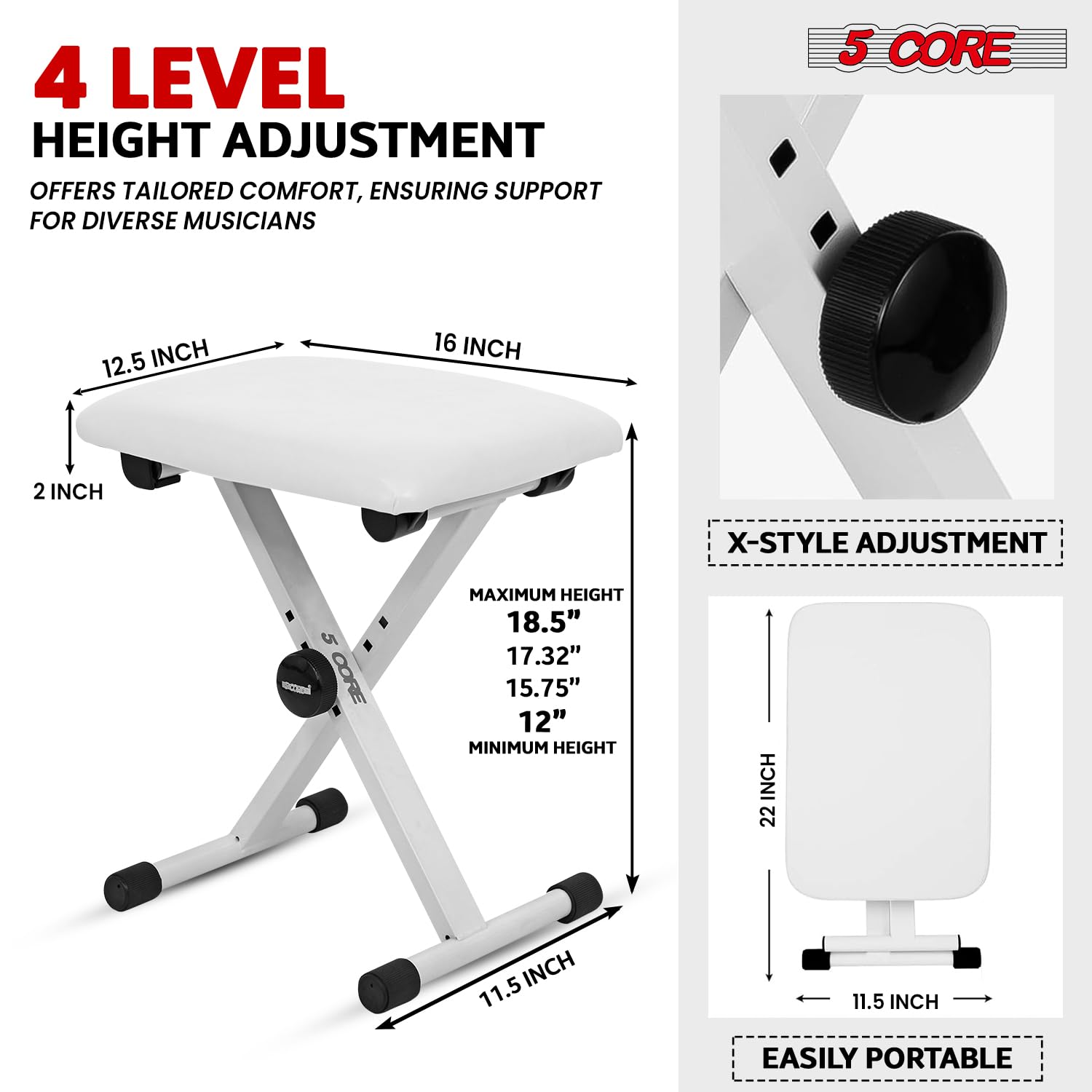 5 CORE Keyboard Bench X Style Padded Cushion Height Adjustable Piano Stool Seat Portable Keyboard Chair for Keyboards Digital Piano White – KBB 02 WH