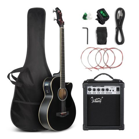 GLARRY Full Size Acoustic Electric Bass Guitar Beginner Kit w/ 15W Amp, Cutaway 4 Strings Electric Acoustic Bass Guitar w/Inbuilt Tuner, Bag, Strap, Picks, Strings, Bass Guitarra，Matte Black