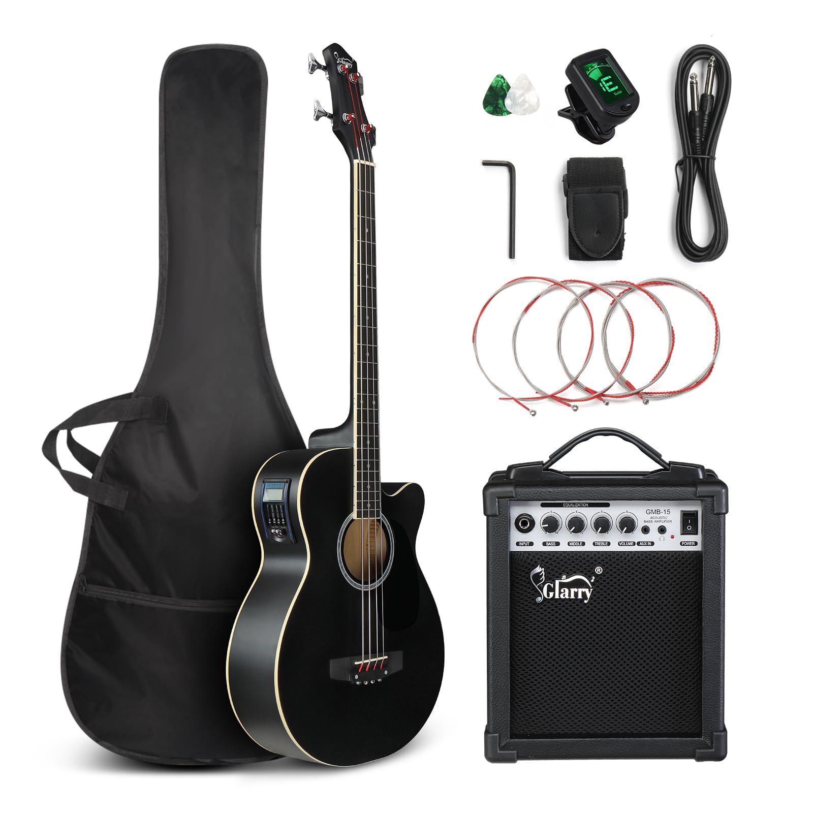 GLARRY Full Size Acoustic Electric Bass Guitar Beginner Kit w/ 15W Amp, Cutaway 4 Strings Electric Acoustic Bass Guitar w/Inbuilt Tuner, Bag, Strap, Picks, Strings, Bass Guitarra,Matte Black