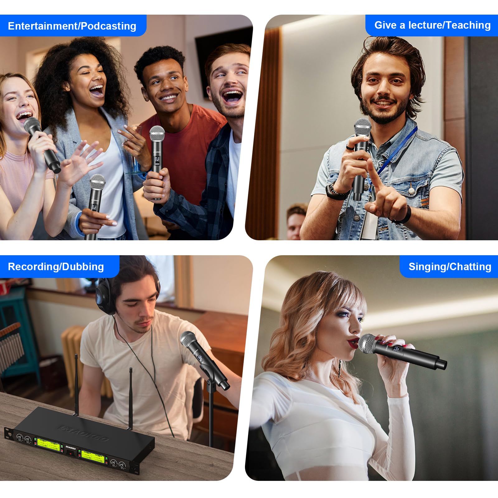 Aokeo Wireless Microphones System, 4 Channel UHF Wireless Mics,with 4 Handheld Dynamic Microphones,Metal Receiver for Karaoke,Singing,Wedding,Party,Speech,Church