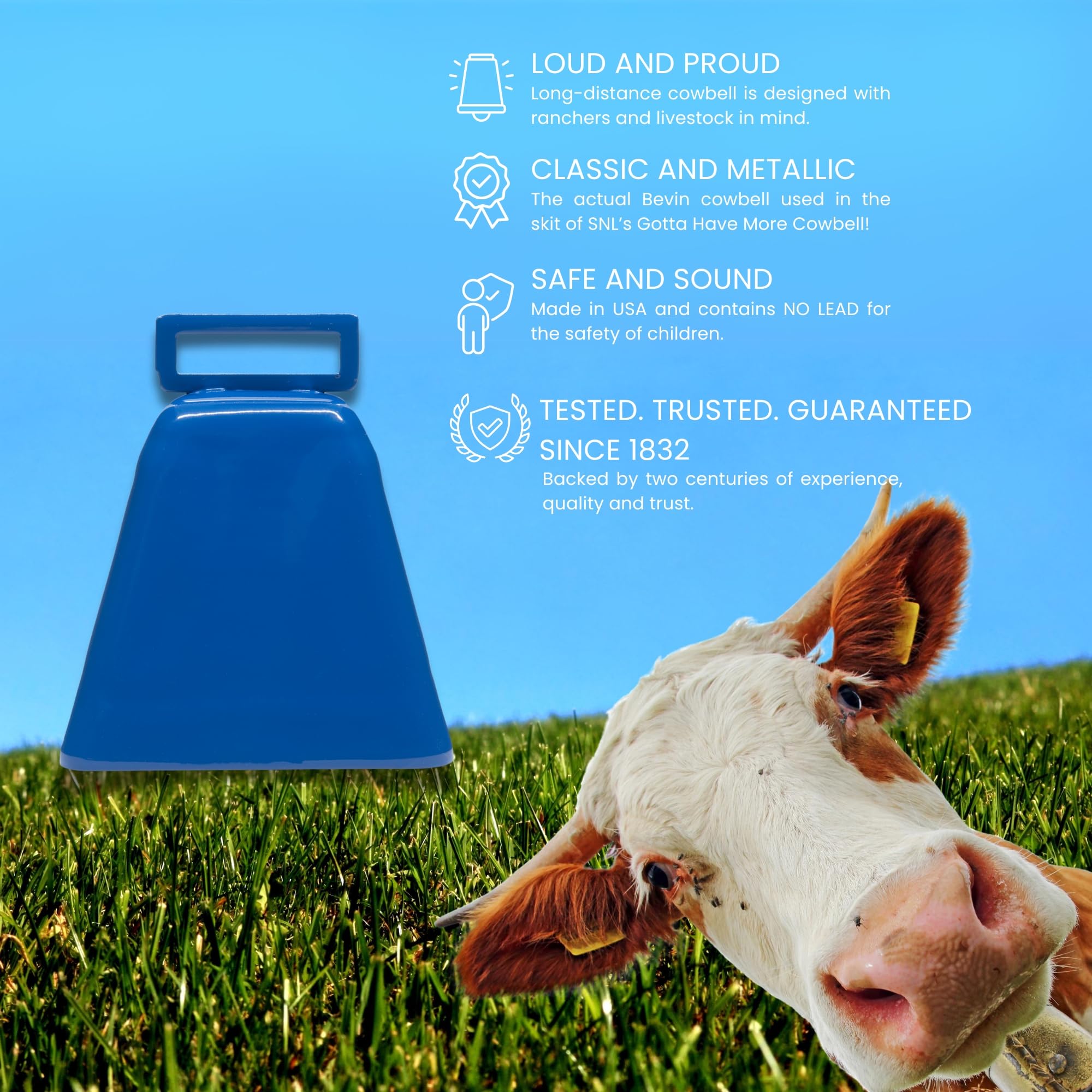 Bevin Bells Long Distance Cow Bells 10LD (Blue & Blue) | Christmas Bells | Made from Steel | Loud Noise Makers | w/White Strap Around The Handle | Easier to Hold | Made in CT, USA