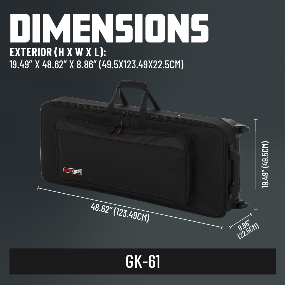 Gator Cases Lightweight Keyboard Case with Pull Handle and Wheels, Fits Standard 61 Note Keyboards and Electric Pianos (GK-61)