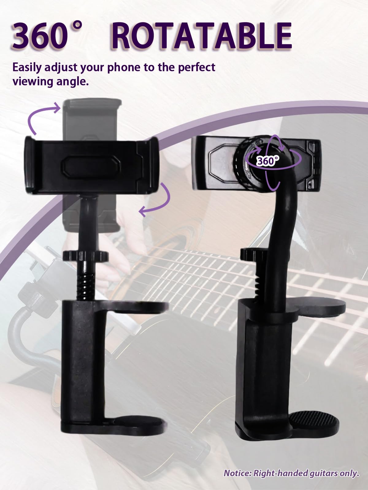 Rubierine Guitar Phone Holder, Digital Sheet Music holder, Phone Clip Mount Fit for 6-10cm Thick Guitars& Ukulele, Practical Guitar Accessories for Watching Tutorials & Tabs While Playing, Easy Setup