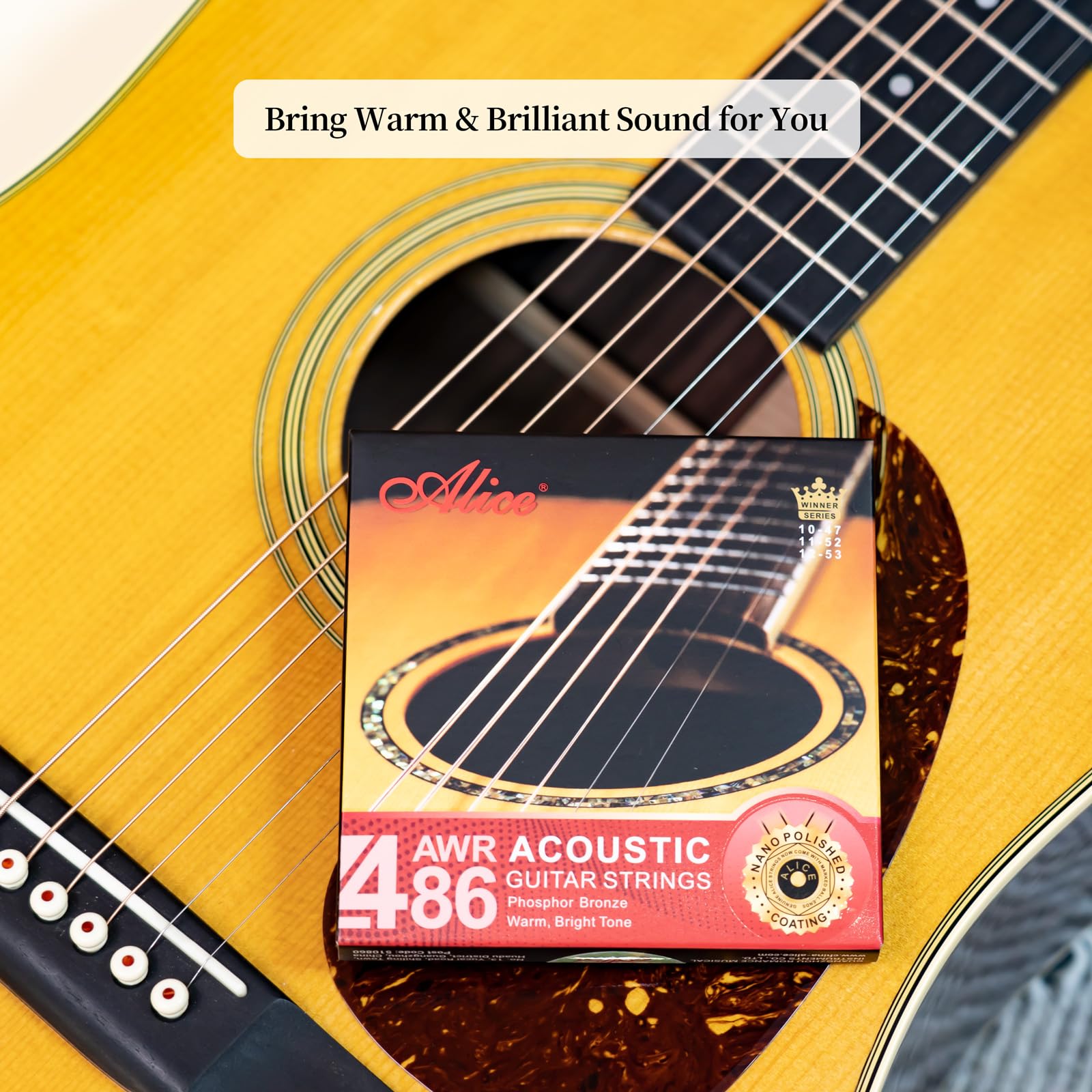 Alice Acoustic Guitar Strings 6 String Set, Phosphor Bronze, Warm & Bright Tone, 12-53 Light Gauge, 1 Pack AWR486-L