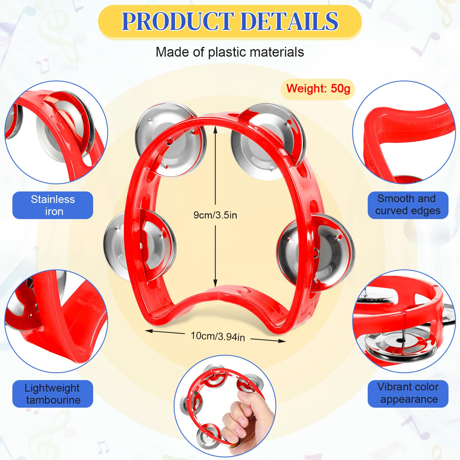 Lukmaa 12 Pcs Tambourine for Kids 4 Bells Handheld Percussion, Red
