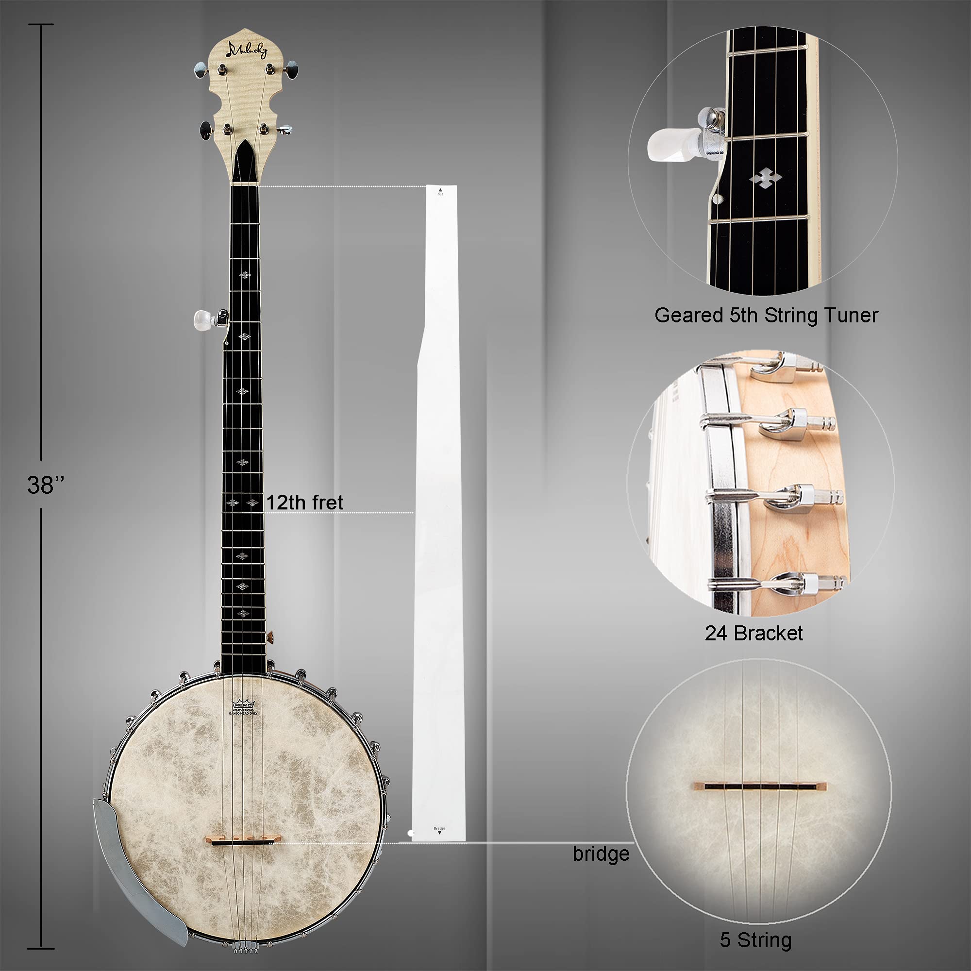 Mulucky 5 String Banjo – Full Size with 24 Brackets, Open Back, Maple Banjo with Remo Head, Geared 5th Tuner, Gift Package with Beginner Kit – B1102