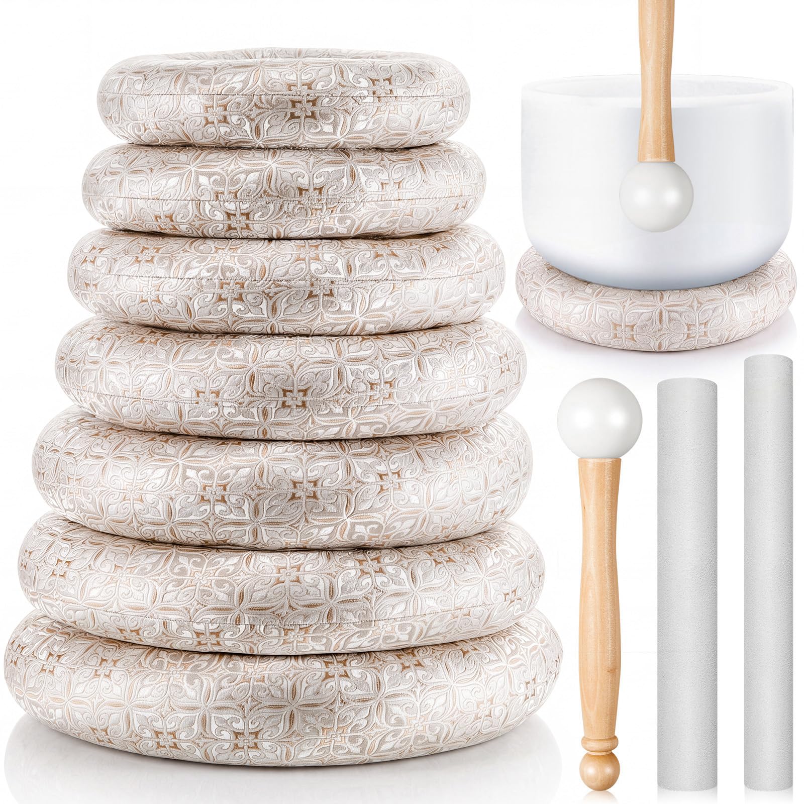 Fiada Singing Bowl Cushion Set, 7 Silk Rings & 3 Mallets, 6-12″, Silver