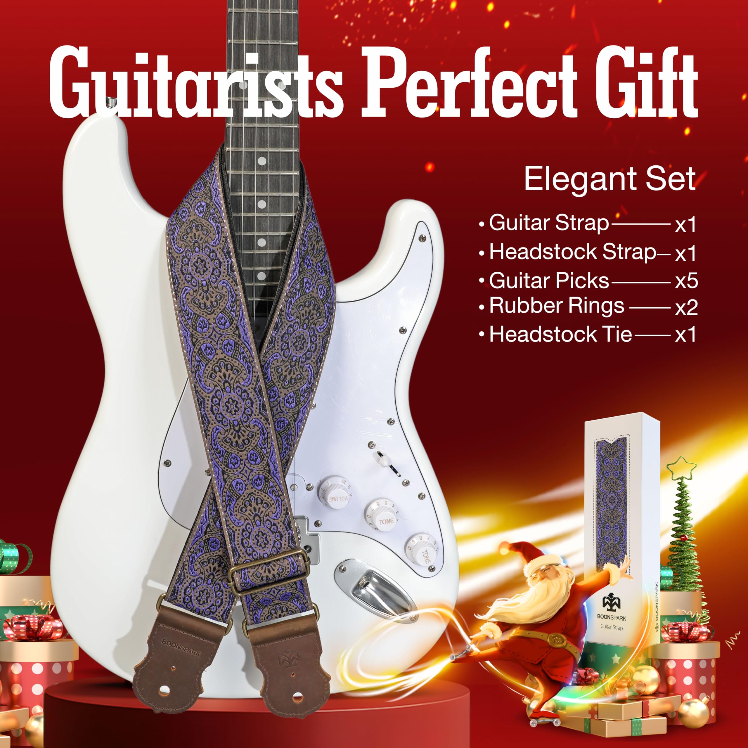 BOONSPARK Guitar Strap – Double Layer Crazy Horse Cowhide Ends,Safe Durable,2in,Soft Adjustable Guitar Straps for Acoustic&Electric Guitars,Bass,Ukulele,Guitarists Gift Set,Purple Blossom