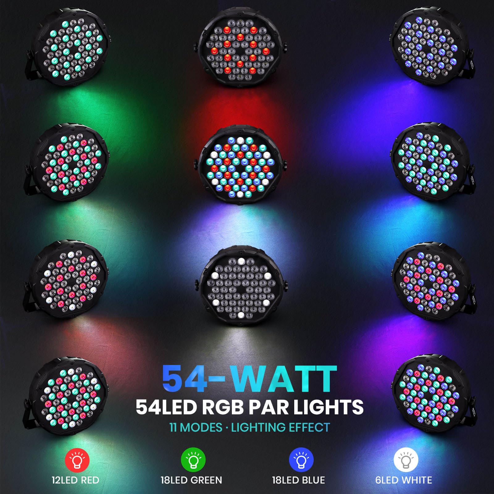 54 LED Stage Lights for Parties, 54W RGBW Par Light with Remote & DMX Mode