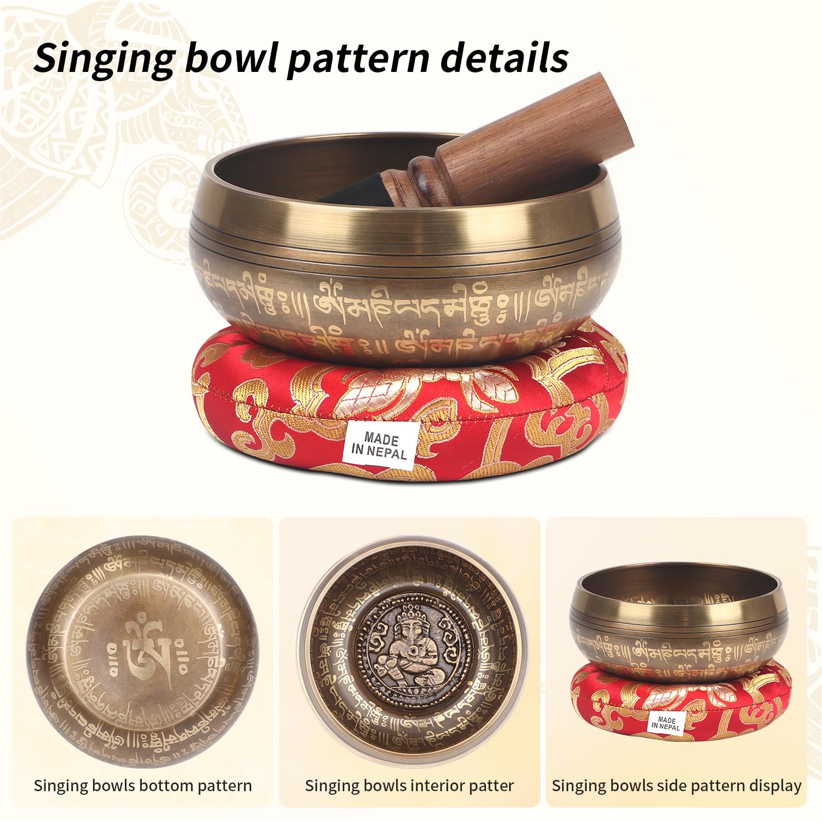 Kmise Tibetan Singing Bowls Set- Handmade in Nepal Meditation Sound Bowls for Yoga, Meditation, Mindfulness, Healing and Chakra Balancing, Stress Relief (5’,Ganesha)
