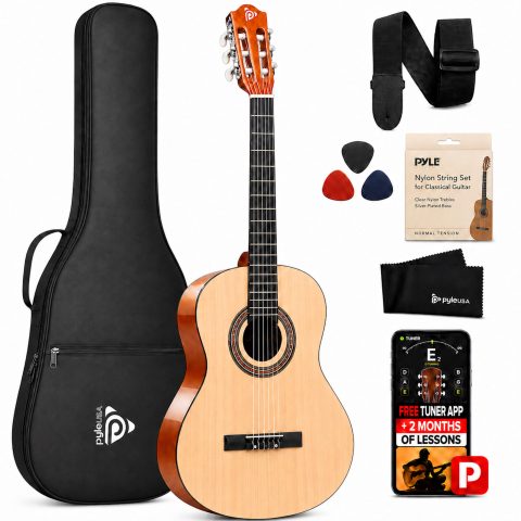 Pyle 34-Inch Beginner Classical Guitar Kit, 1/2 Size Junior Nylon String Acoustic Guitar for Kids and Adults, Includes Gig Bag, Strap, Spare Strings, Picks, Tuner App, 2-Month Lessons, Natural Ash