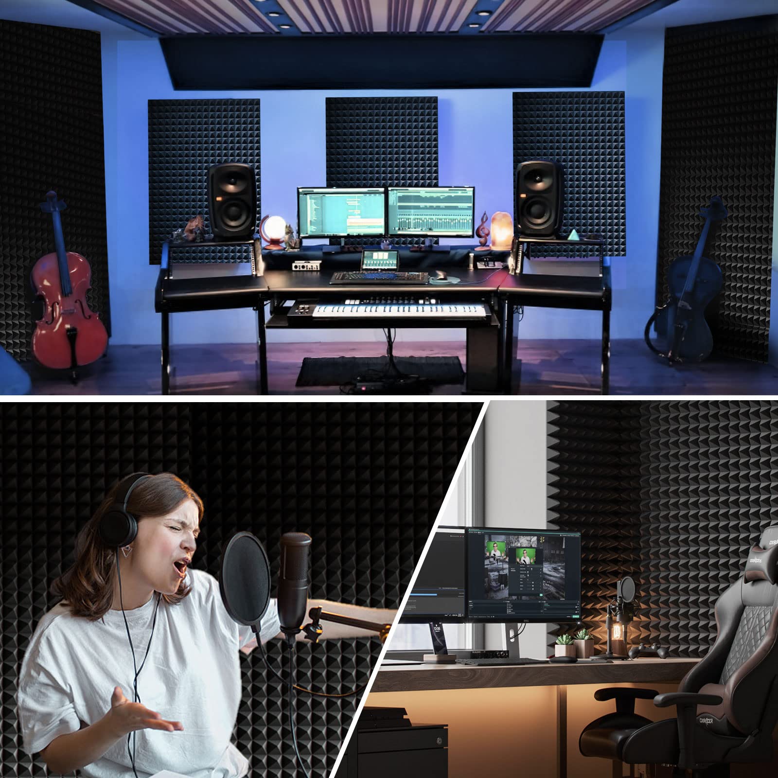 FONESO Acoustic Panels, High Density Soundproof Foam Panels for Walls, Sound Absorbing Panels, Acoustic Foam Panels Fire Resistant for Studio Recording (Black, 2″x12″x12″ 48Pack)