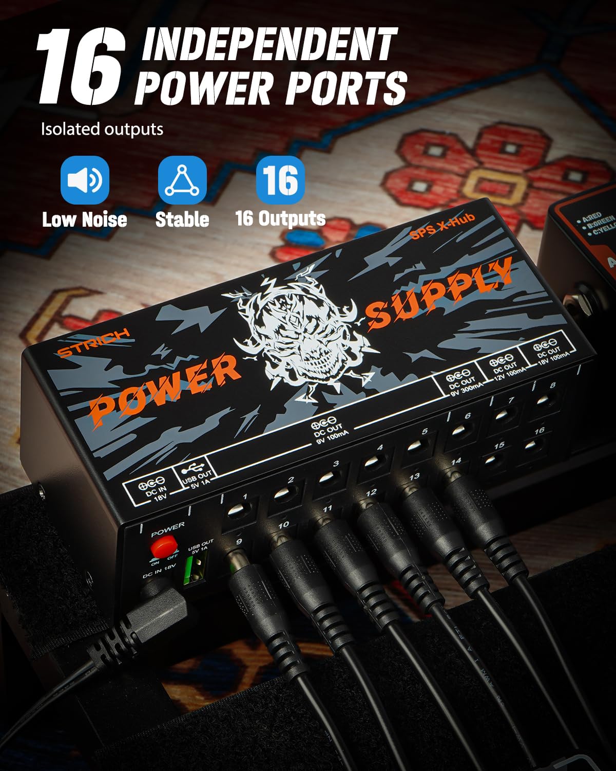 STRICH SPS X-Hub Guitar Pedal Power Supply, 16 Outputs, 9V/12V/18V