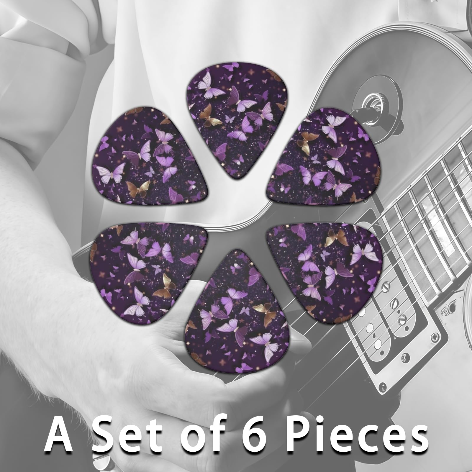 LOZUQII 6 Pack Guitar Picks with Bag, Medium 0.71mm – Cute Purple Butterfly