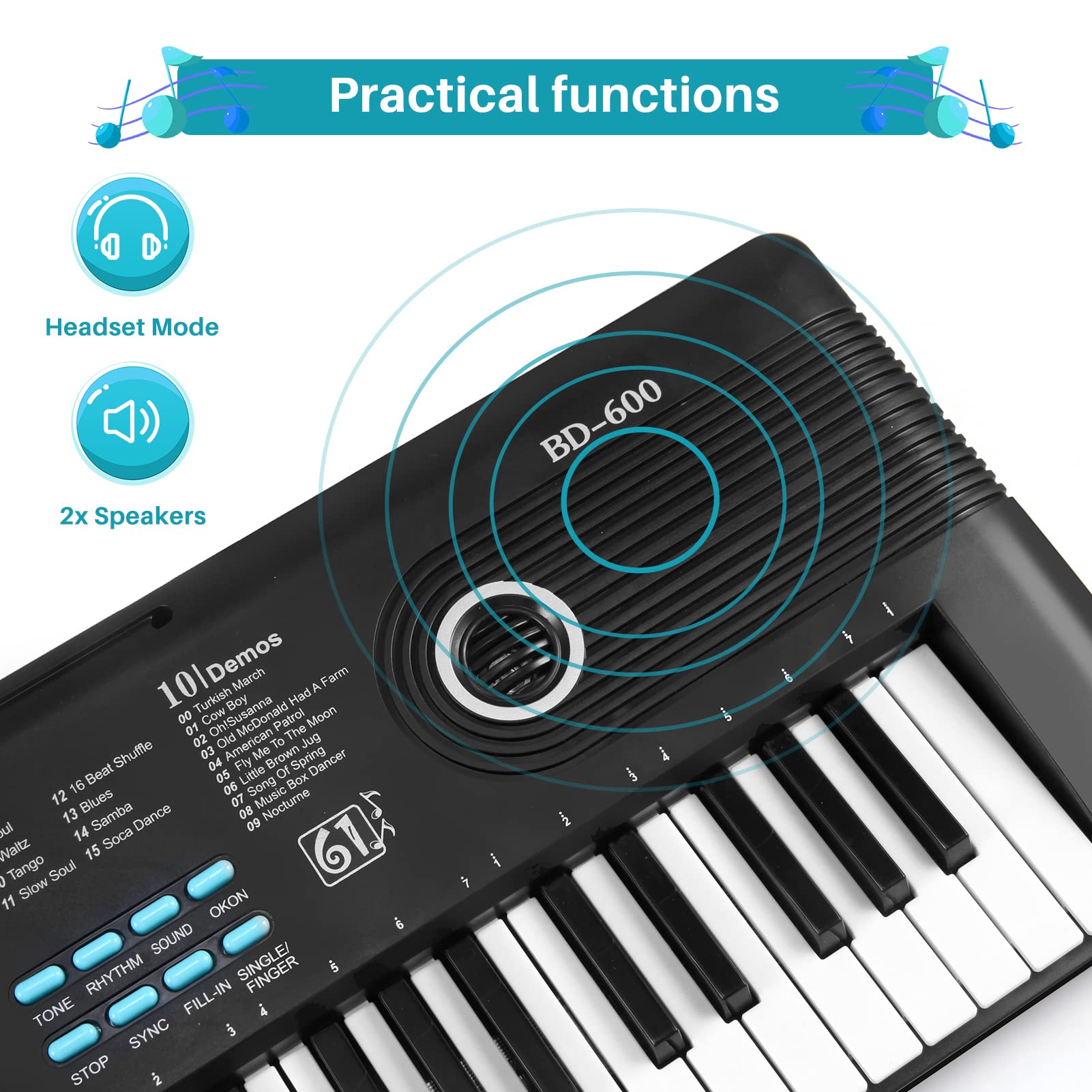 61 key keyboard Piano,Portable Electronic Digital Piano,Built In Dual Speakers,External Microphone,Power Plug,Rich Teaching Content,Multi-Functional Electronic Piano Suitable For Beginners