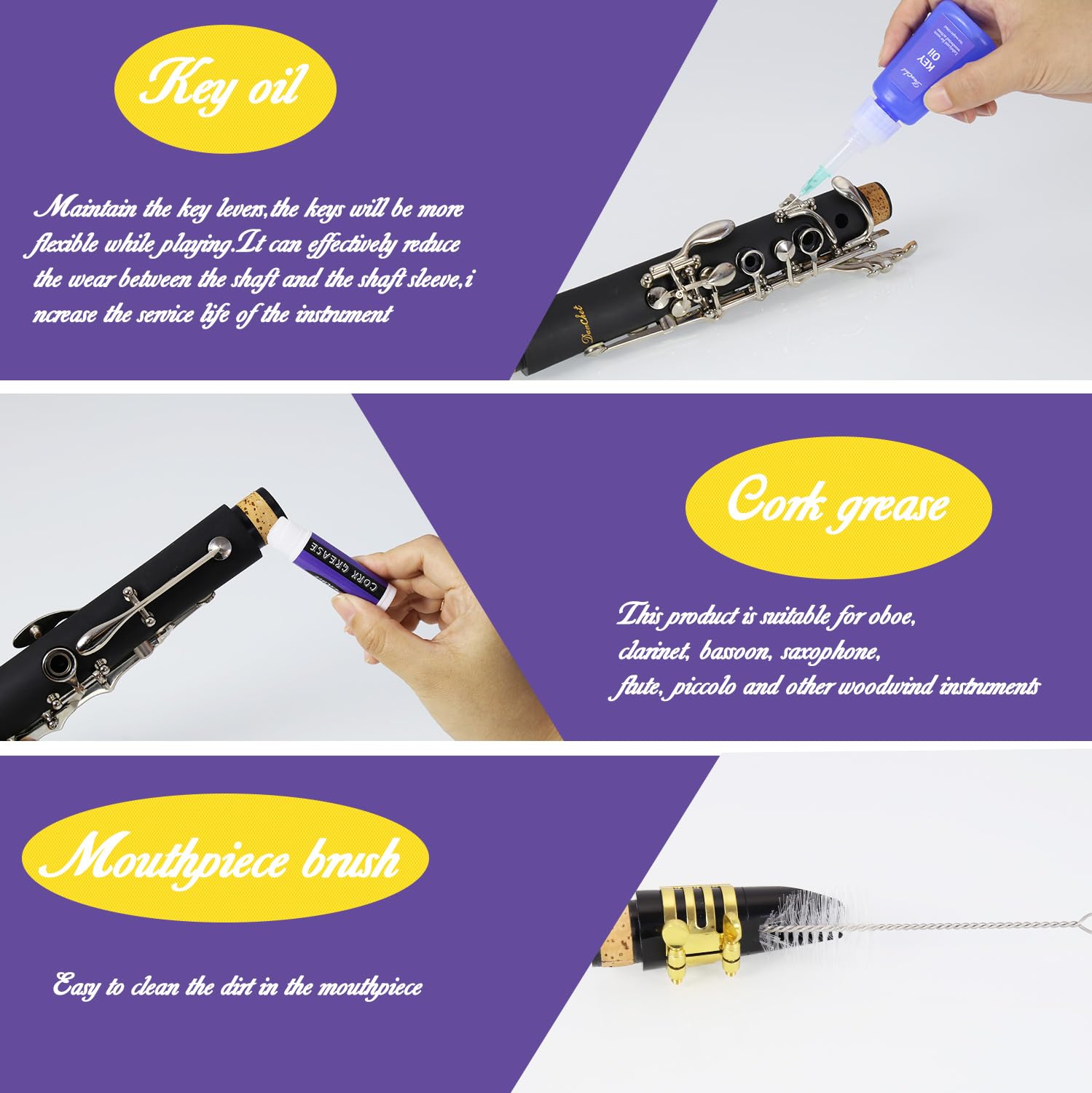 Clarinet Cleaning Kit, Clarinet and Saxophone Care Kit, Key Oil, Cork Grease, Cotton Swabs, Cleaning Cloth, Thumb Rest, Mouthpiece Brush, Screwdriver…