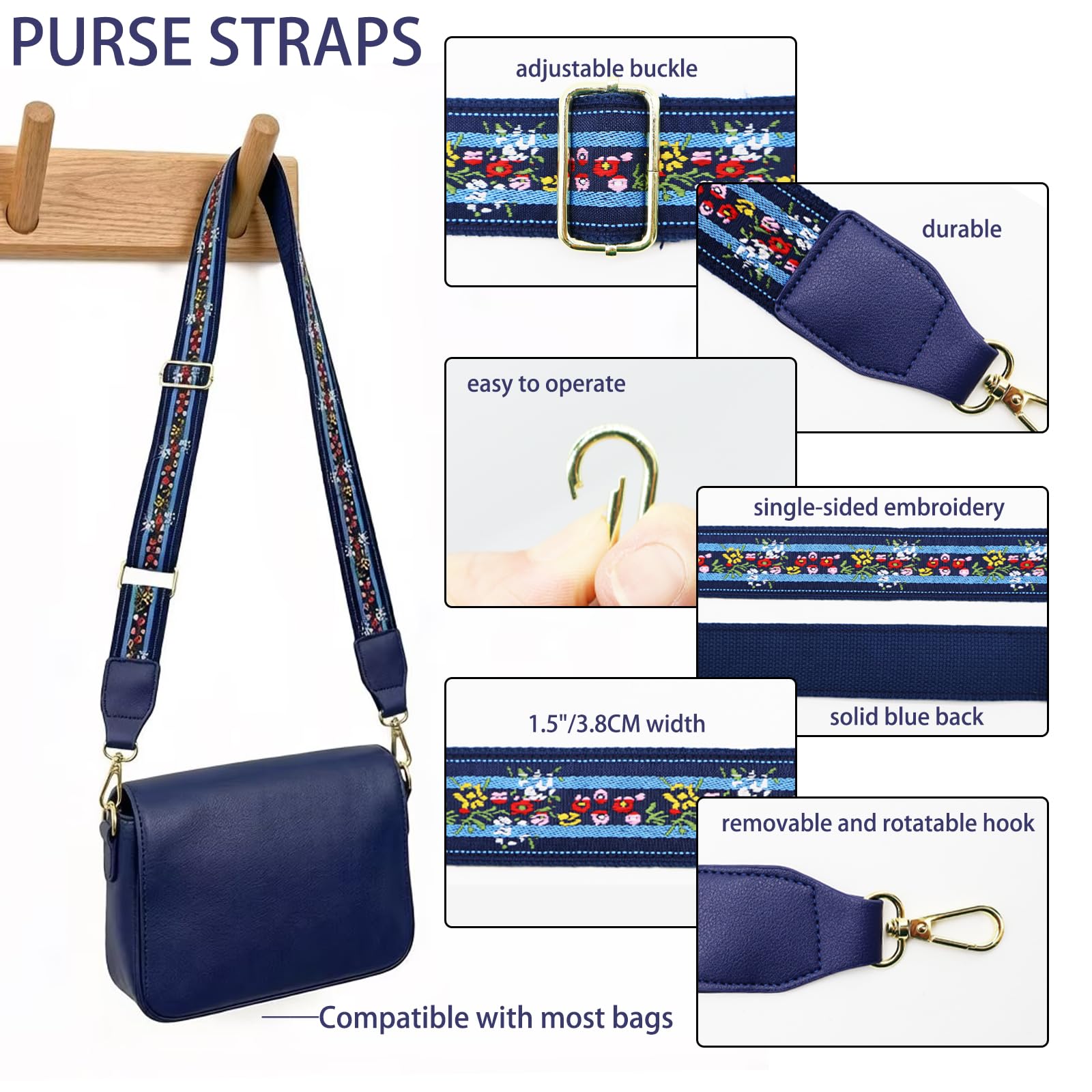 Adjustable Blue Purse Strap with Blue Leather End – 1.5″ Wide Handbags, Camera, Guitar, Phone & Crossbody Bag Replacement Shoulder Straps(Gold Hardware)