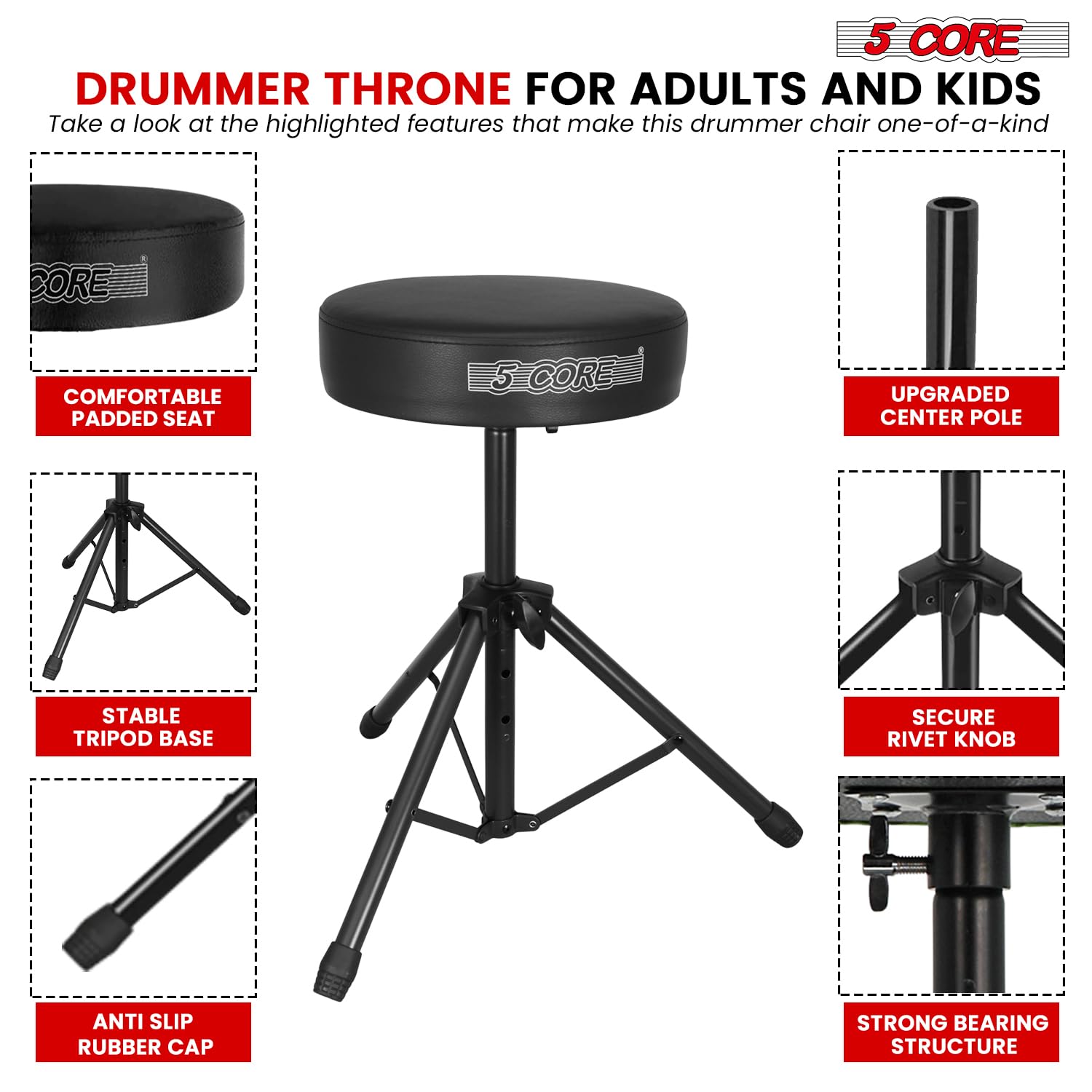 5 CORE Drum Throne Thick 3″ Padded Drum Seat Height Adjustable Drumming Stools with Anti-Slip Feet Drummers Chair for Practice and Performance Black – DS 01 BLK