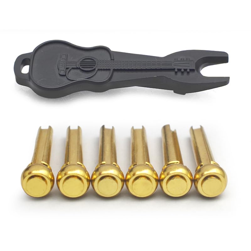 MAXCHEER 6Pcs Brass Acoustic Guitar Bridge Pins Guitar Strings Fixed Cone String Pins String Nails with Guitar Pins Puller(Gold)