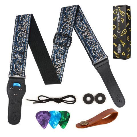 JIPIS Guitar Strap,Jacquard Embroidered Cotton Guitar Straps with Real Leather Ends for Acoustic Guitars (GS-08-2 Blue Grey Embroidery)