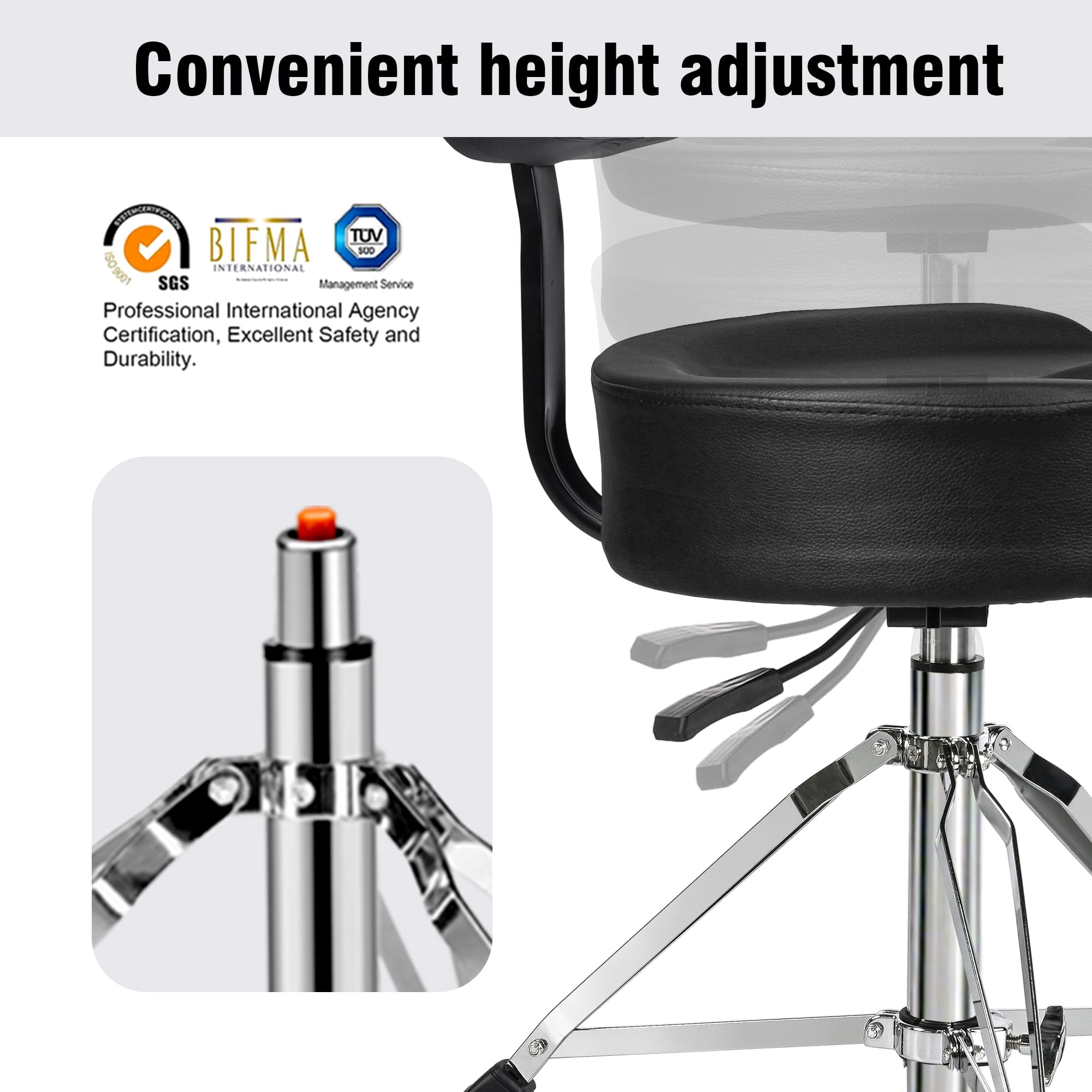TIZECO Hydraulic Drum Throne with Backrest, Heavy Duty Drum Stool, Drummer Stool Adjustable Height, Motorcycle Style Drummers Seat with Back Support, Drummers Throne