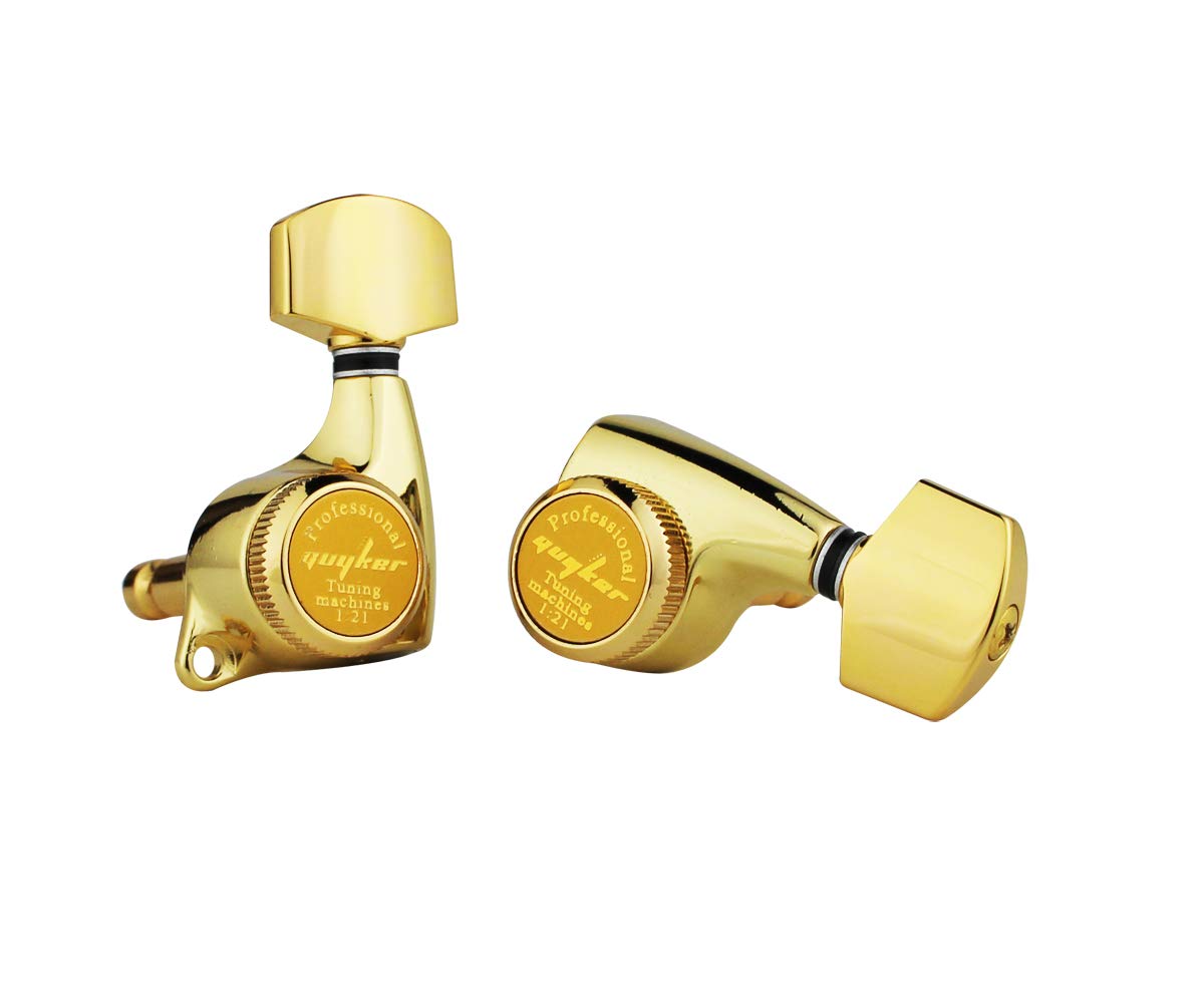 Guyker 6Pcs Guitar Locking Tuners (3L + 3R Handed) – 1:21 Ratio Lock String Tuning Key Pegs Machine Heads with Hexagonal Handle Replacement for LP SG Style Electric, Folk or Acoustic Guitars – Gold