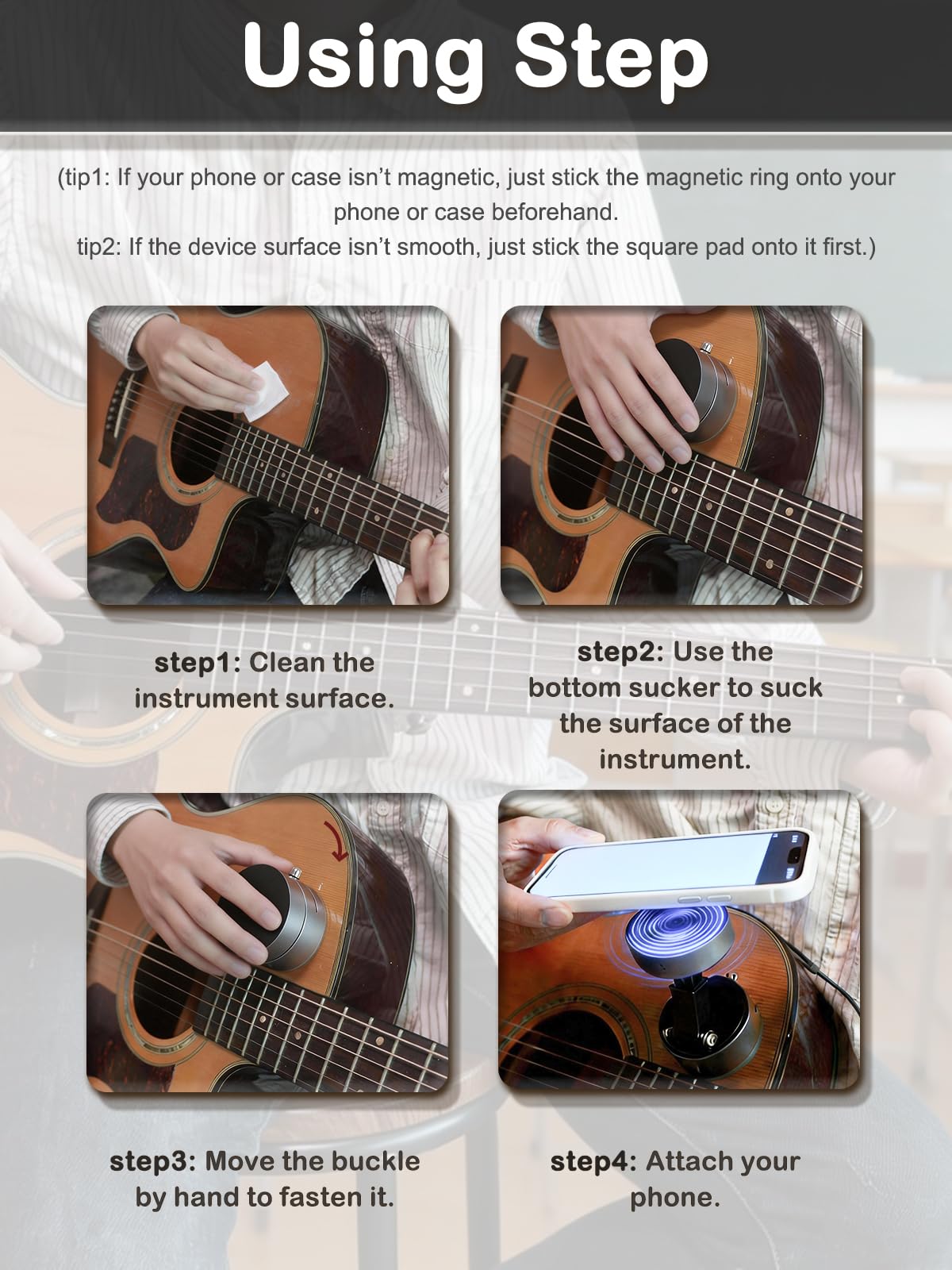 Rubierine Guitar Phone Holder for iPhone/Android, Vacuum Suction Magnetic Phone Mount with 17 N52 Magnets, 360° Rotating Palm-Size Holder for Acoustic and Electric Guitar, Bass and Ukulele