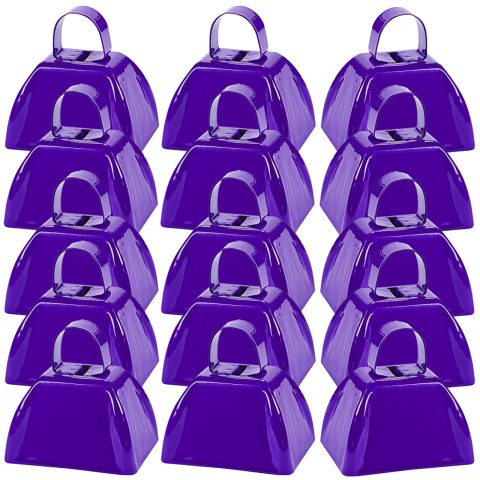 YUMYWBL 15 Pack Metal Cowbells 3 Inch Purple Cow Bell with Handles, Small Hand Percussion Cowbell, Bulk Loud Cow Bells Noise Makers for Cheering, Sporting Events, Weddings, Concert, Farm