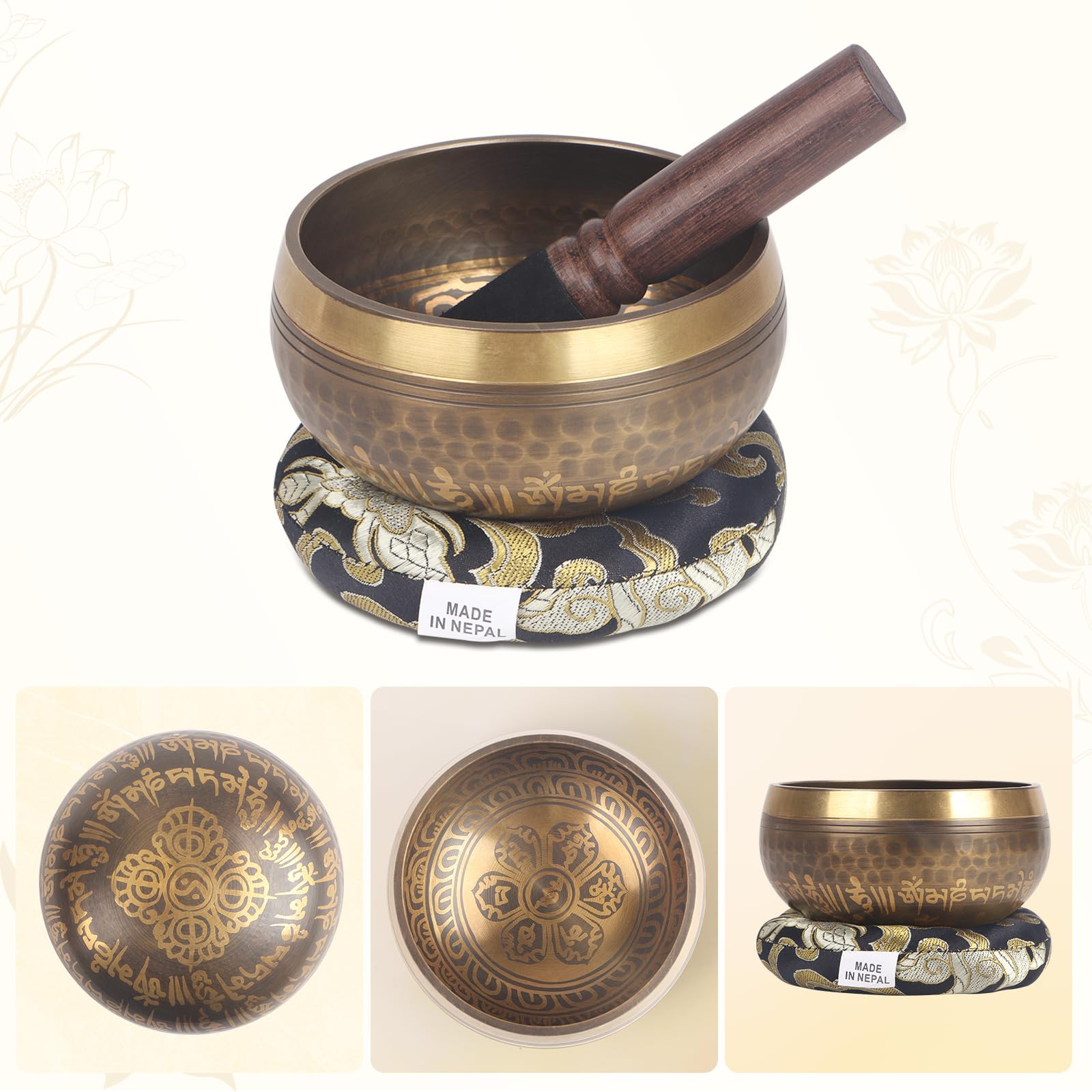 Kmise Tibetan Singing Bowls Set- Handmade in Nepal Meditation Sound Bowls for Yoga, Meditation, Mindfulness, Healing and Chakra Balancing, Stress Relief (4′, Brown)