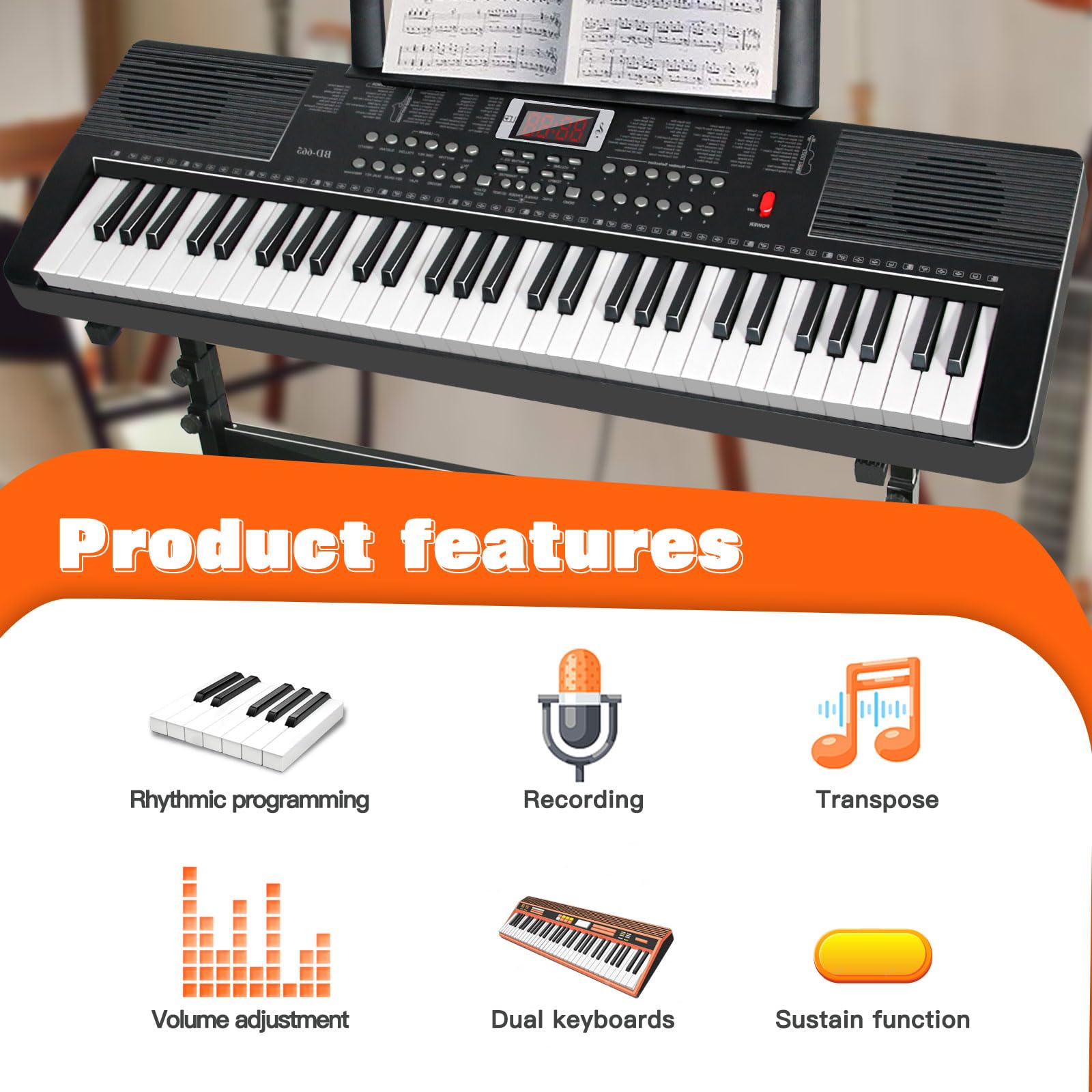 AQNIEGEP 61 Key Electric Keyboard Piano for Beginners w/Light-Up Keys