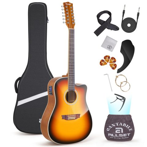 ALLSET 12 String Guitar | Acoustic Electric 12 String |42″ Full Size Guitar for Beginner/Adult Fingerstyle | Spruce Top Cutaway | Gig Bag, AUX Strap,Strings,Strap|Gloss Sunset Burst | A12-ST