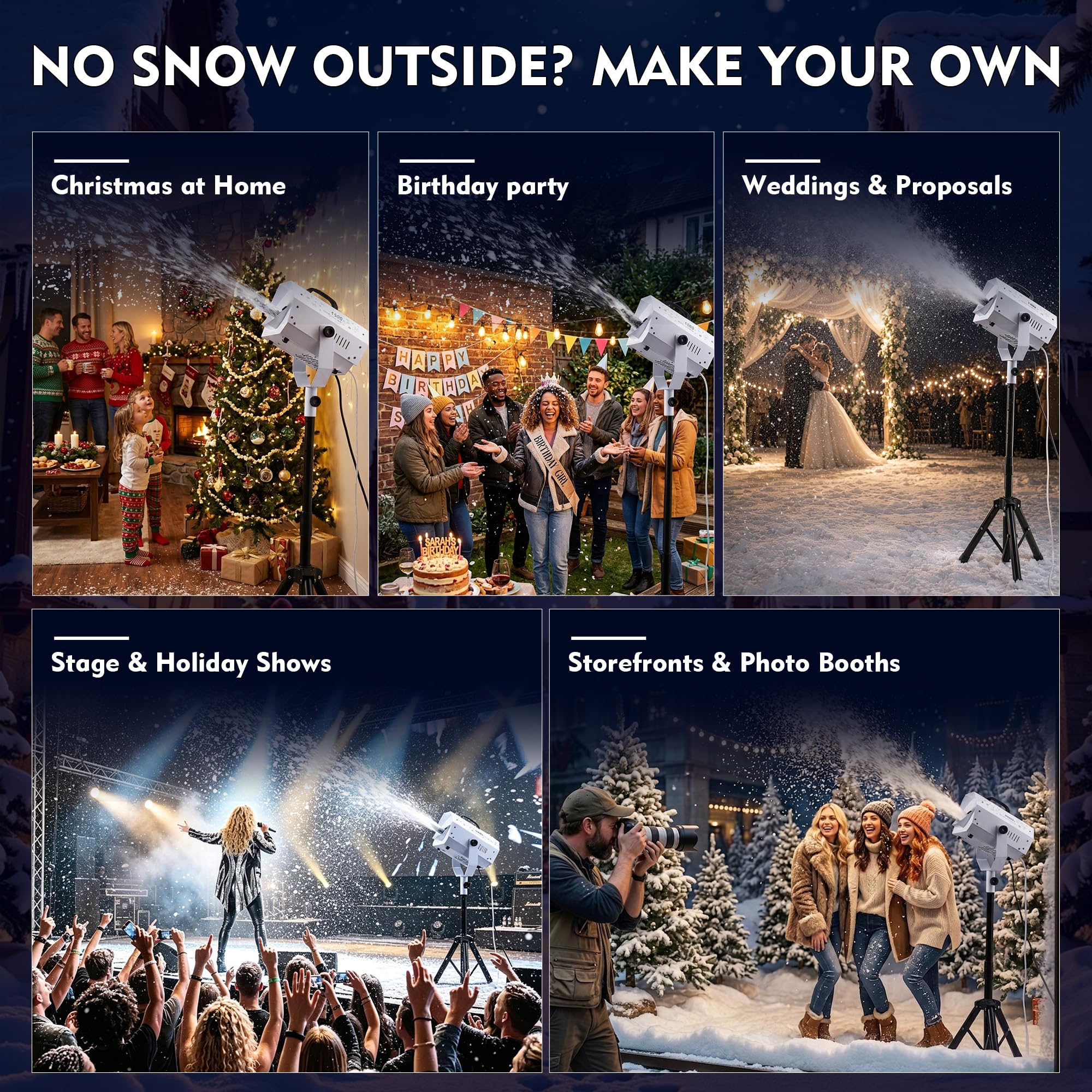 Snow Machine, 1500W Artificial Snow Making with Wireless Remote, Adjustable Snowflake Size & 59–69″ Stand, Snow Generator Fake Snow Maker for Christmas, Parties, Weddings & Holiday Events
