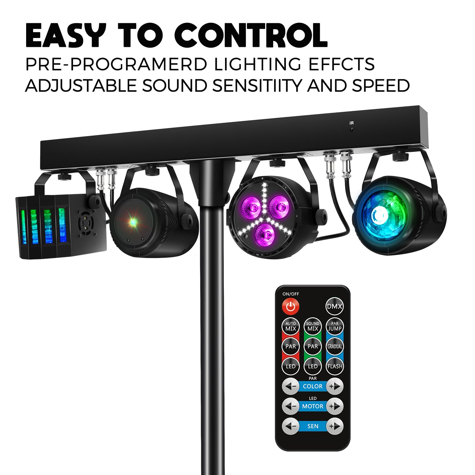 Telbum DJ Lights with Stand, Party Bar Gig Lighting Package with Carry Bag, Sound Activated Disco Lights for Parties DMX & Remote Control, LED Stage Lighting System for Booth, Band, Wedding, Shows