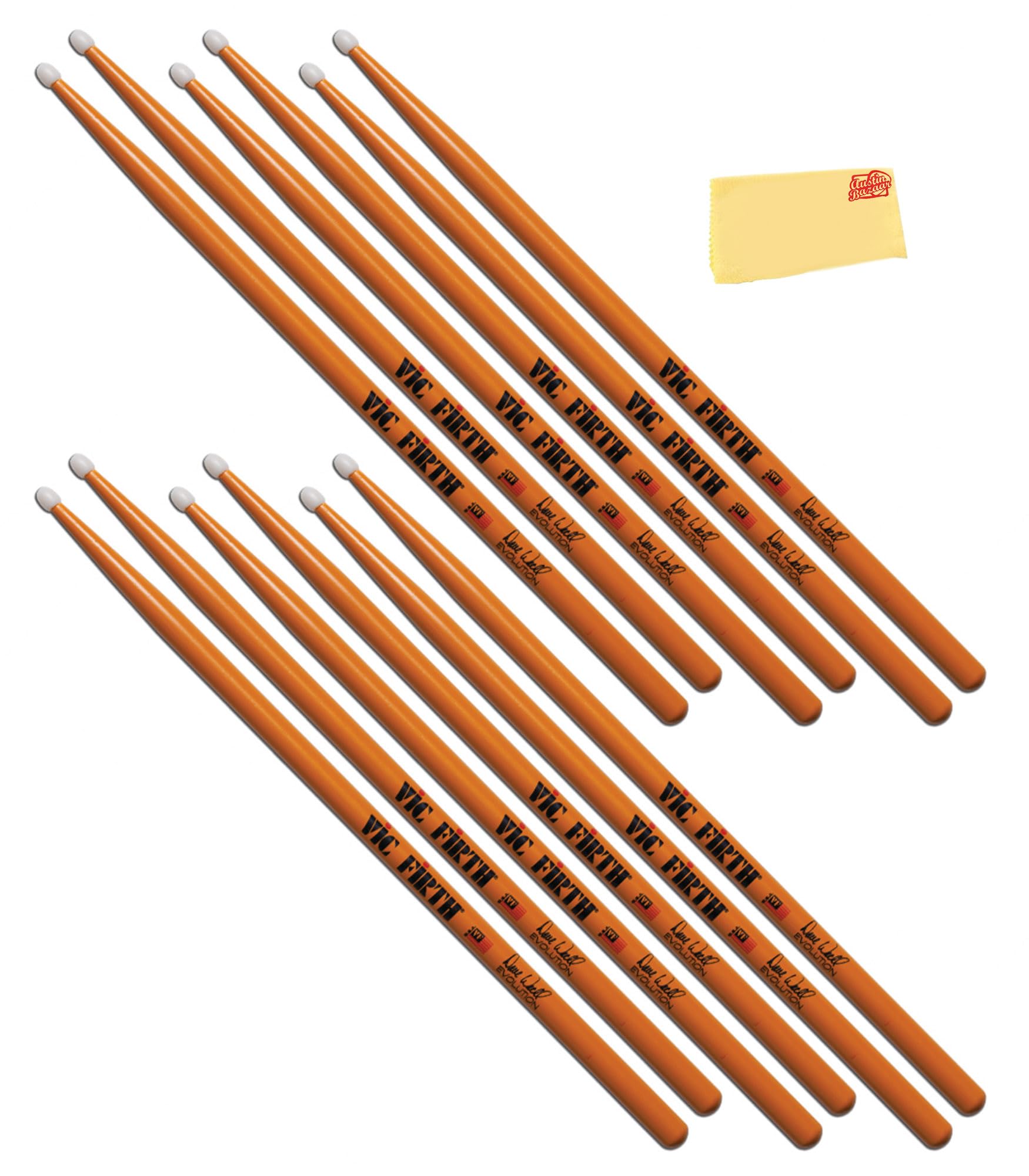 Vic Firth Signature Series Dave Weckl Evolution Nylon Tip Drumsticks – 6‑Pack Bundle with Austin Bazaar Polishing Cloth